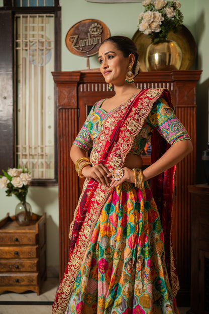 Red Pure Ojariya Bandhej Chunari with Marodi Zardozi Thread Elephant Motifs Sequins Work