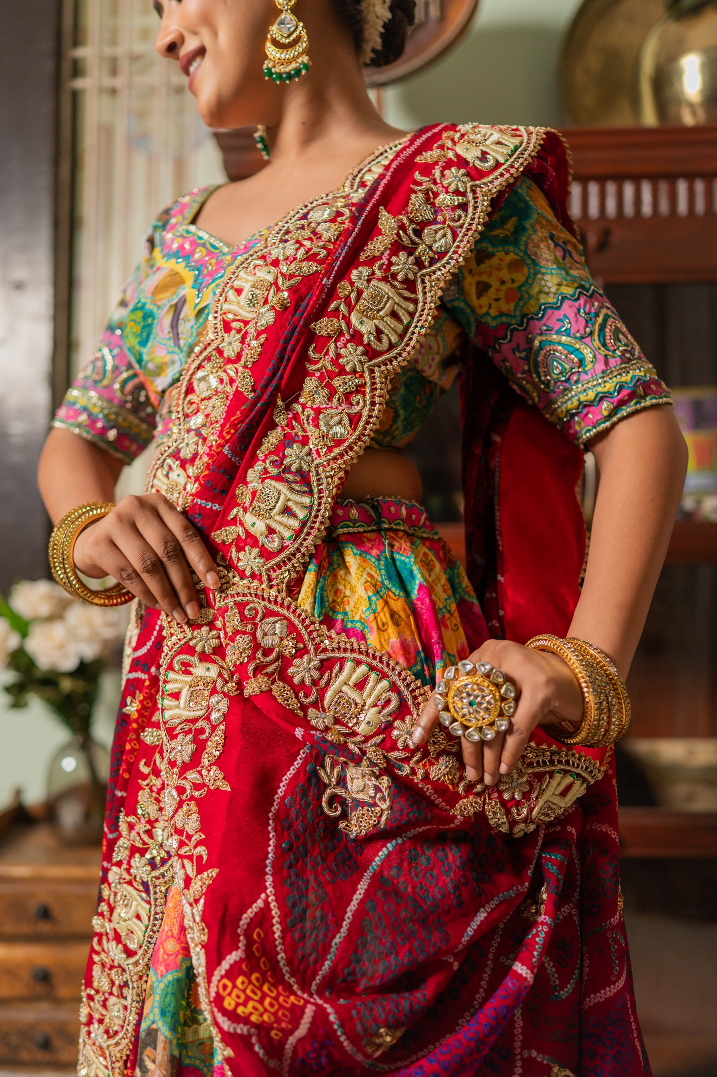 Red Pure Ojariya Bandhej Chunari with Marodi Zardozi Thread Elephant Motifs Sequins Work