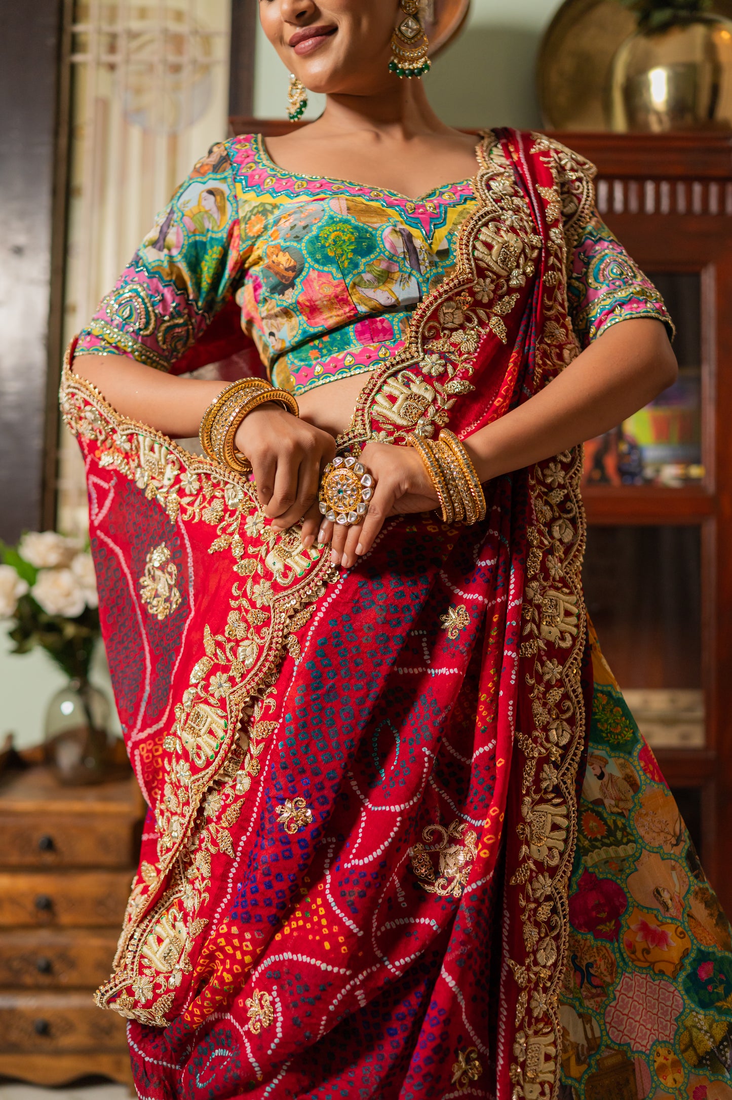 Red Pure Ojariya Bandhej Chunari with Marodi Zardozi Thread Elephant Motifs Sequins Work