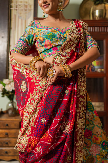 Red Pure Ojariya Bandhej Chunari with Marodi Zardozi Thread Elephant Motifs Sequins Work