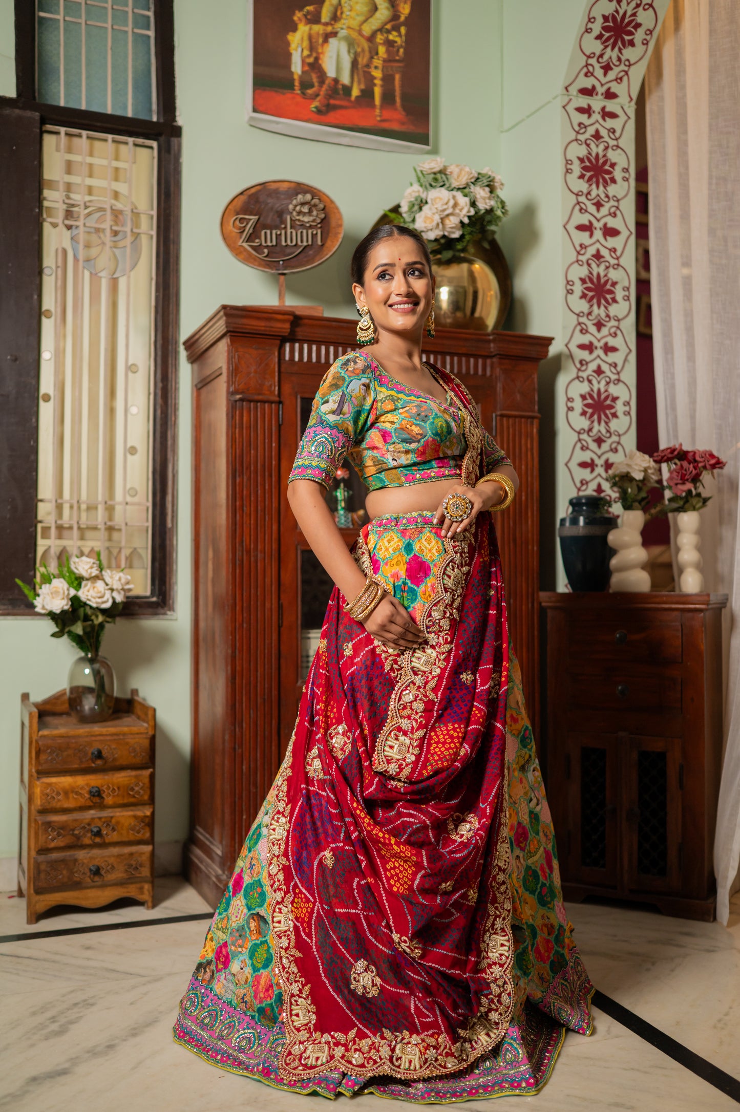 Red Pure Ojariya Bandhej Chunari with Marodi Zardozi Thread Elephant Motifs Sequins Work