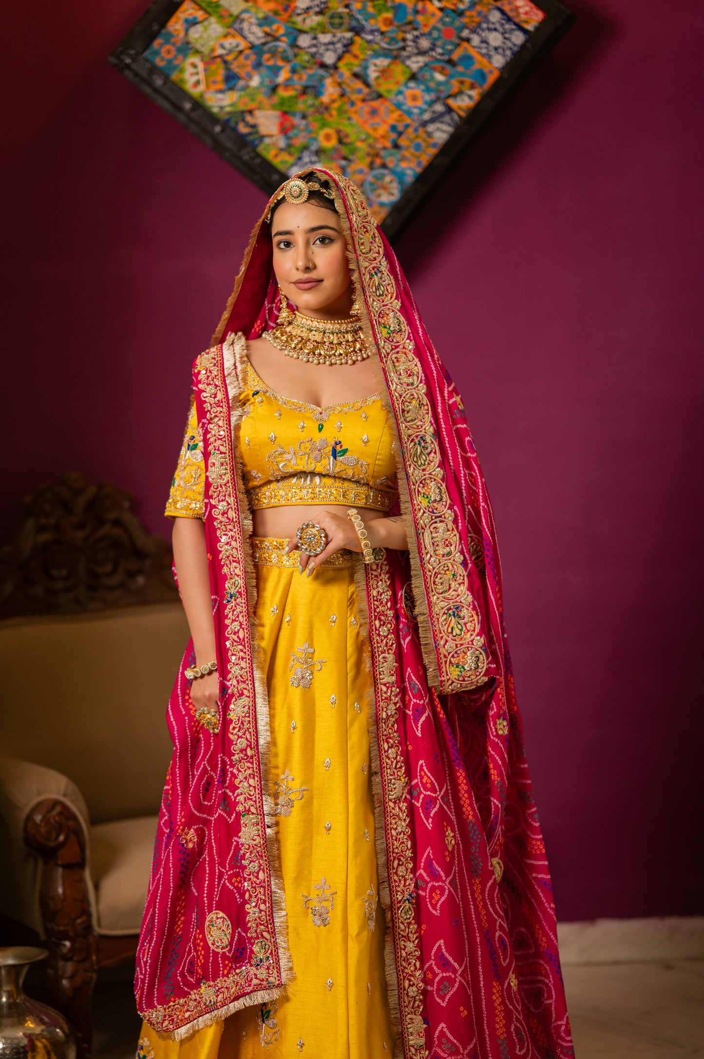 Pink Pure Ojariya Bandhej Chunari with Marodi Zardozi Radha Krishna Peacock Elephant Deer Motifs Sequins Work