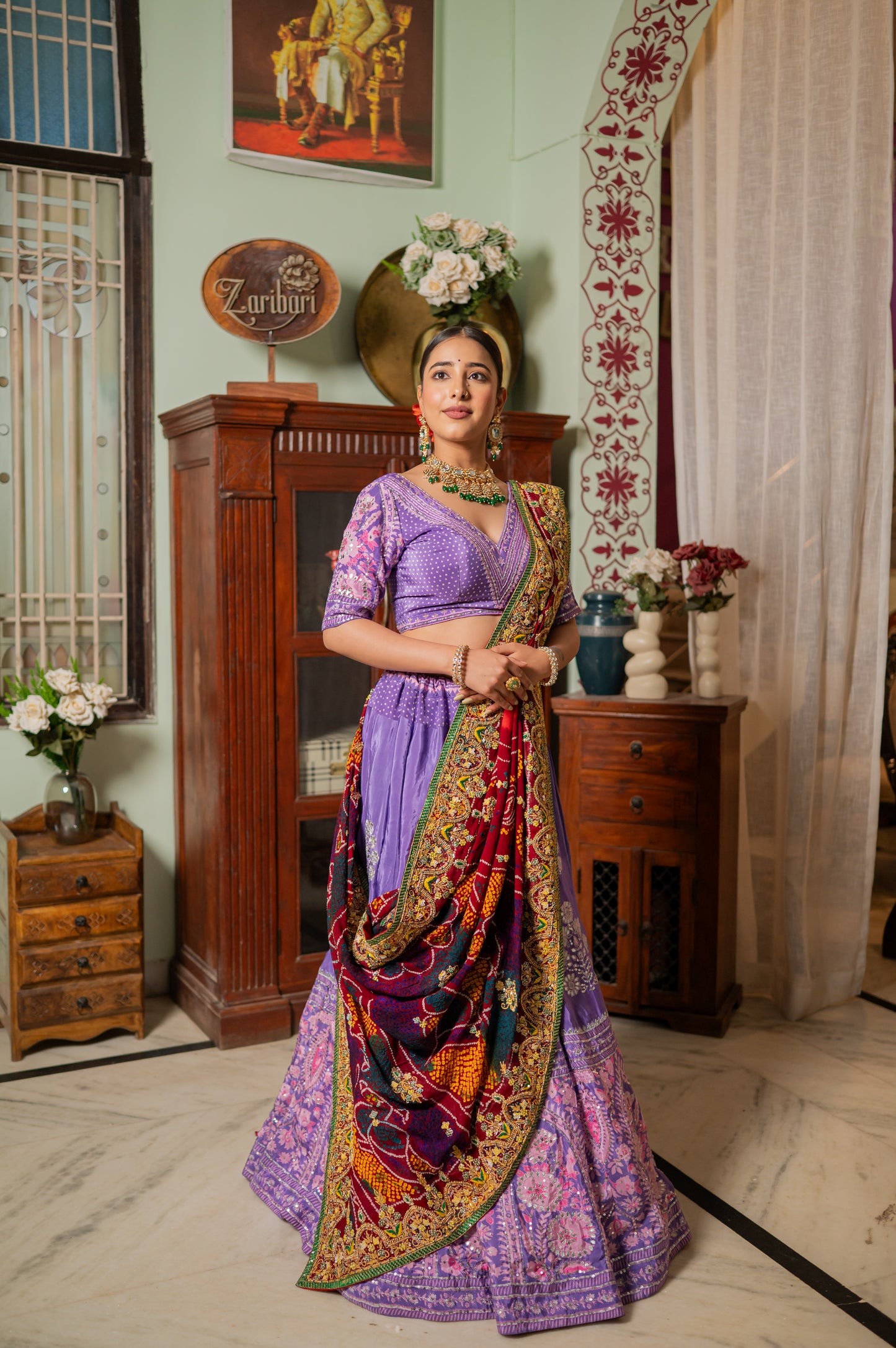 Red Pure Ojariya Bandhej Chunari with Gota Patti Thread Sequins and Beads Work