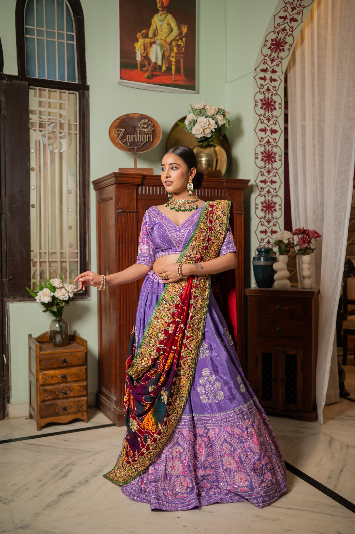 Red Pure Ojariya Bandhej Chunari with Gota Patti Thread Sequins and Beads Work