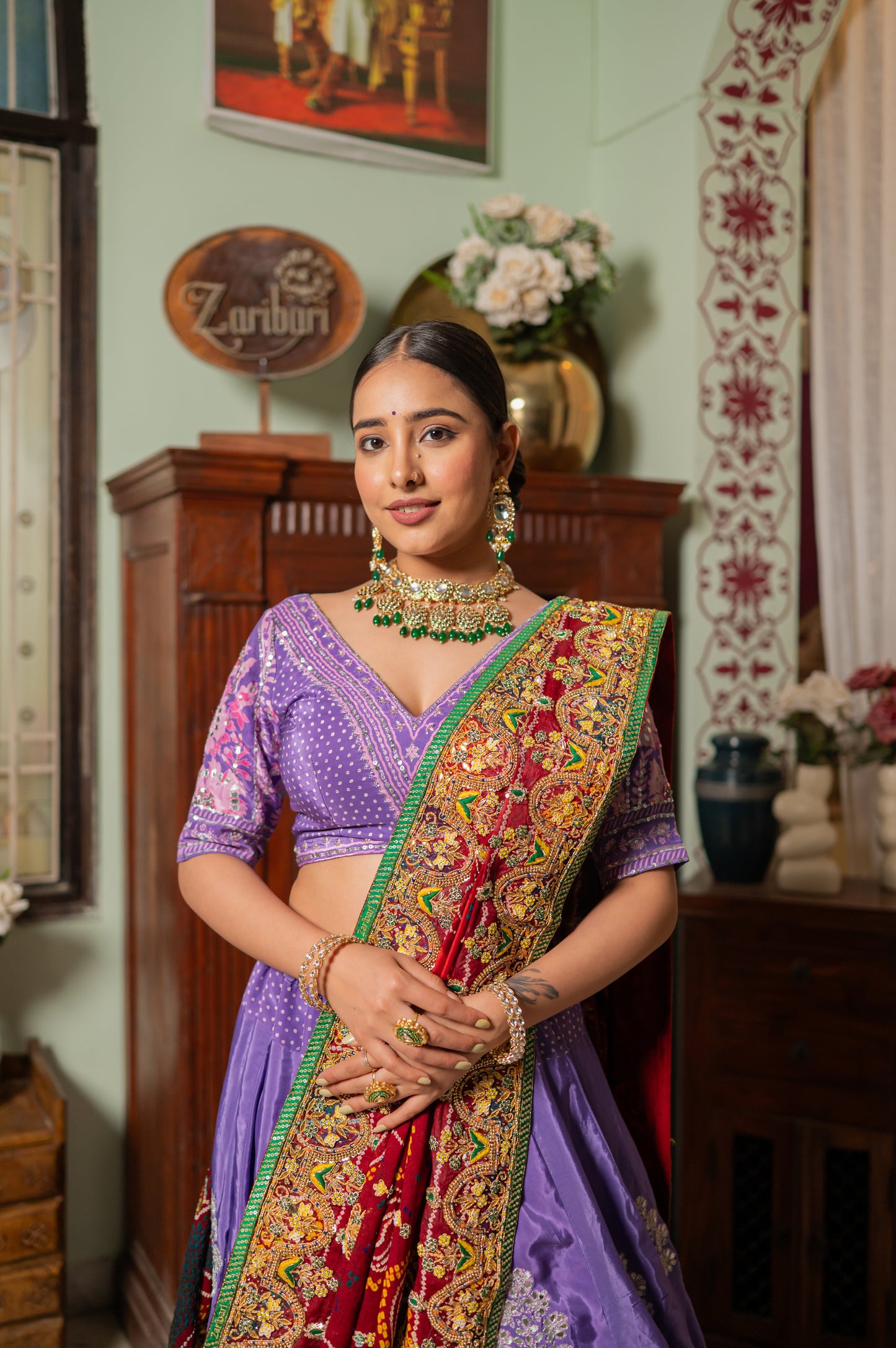 Red Pure Ojariya Bandhej Chunari with Gota Patti Thread Sequins and Beads Work