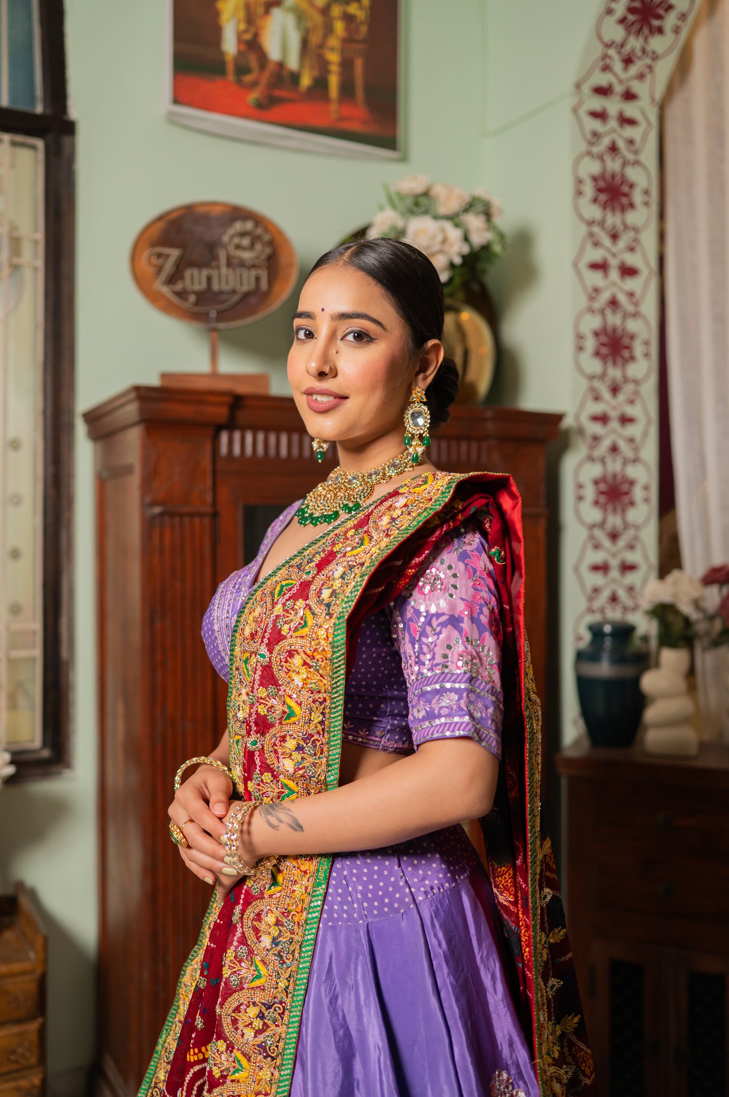 Red Pure Ojariya Bandhej Chunari with Gota Patti Thread Sequins and Beads Work