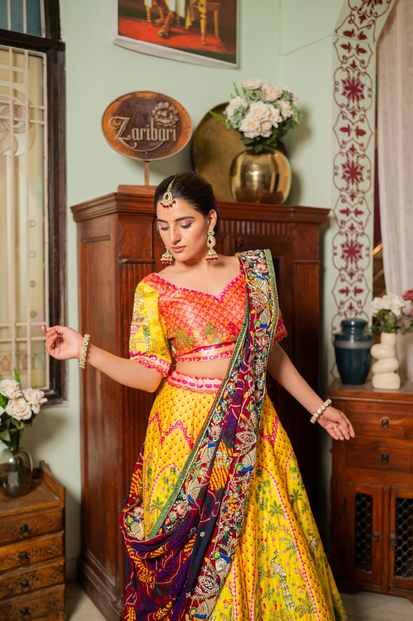 Red Pure Ojariya Bandhej Chunari with Zardozi Bird Motifs Thread Sequins Work