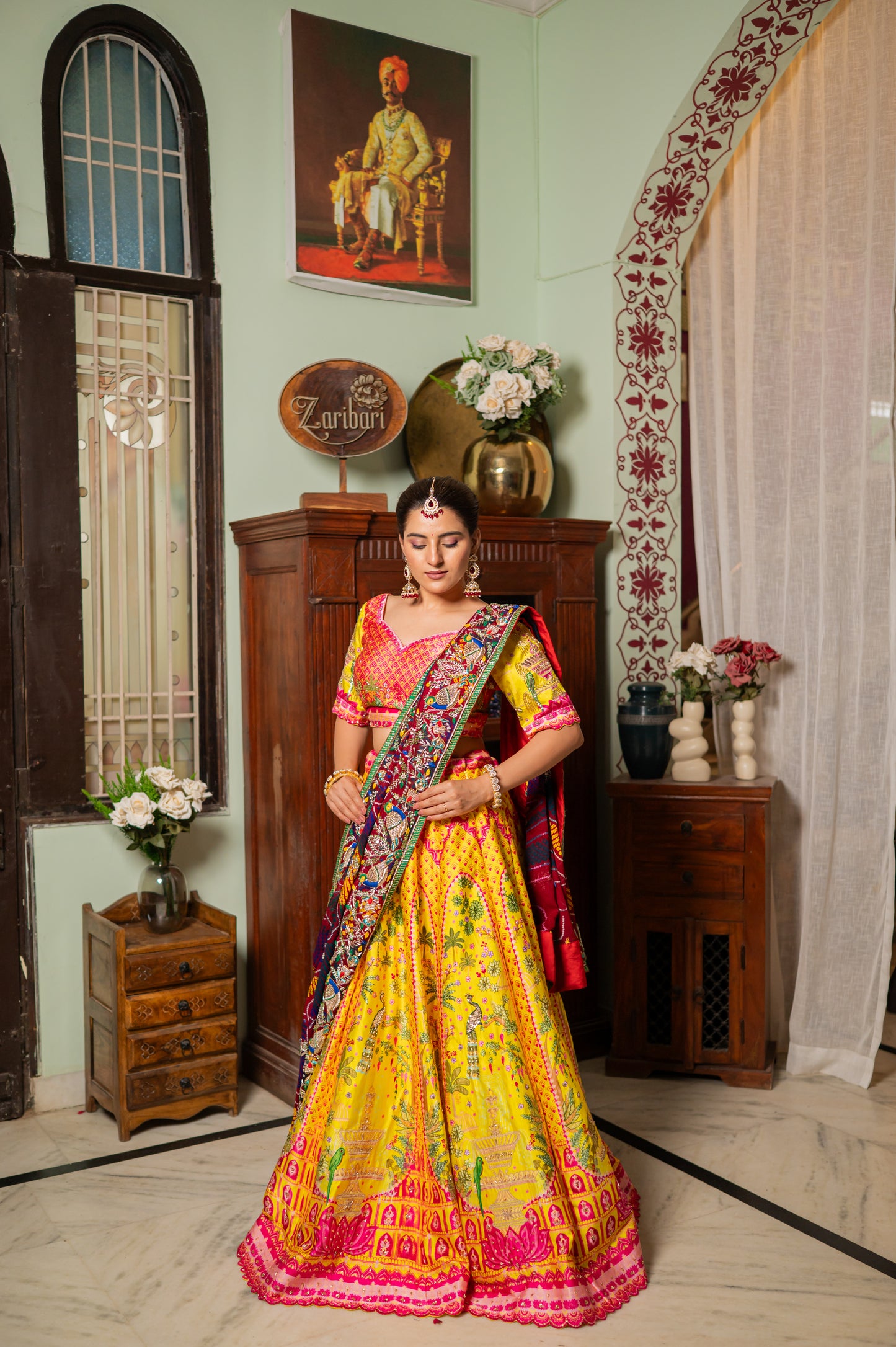 Red Pure Ojariya Bandhej Chunari with Zardozi Bird Motifs Thread Sequins Work