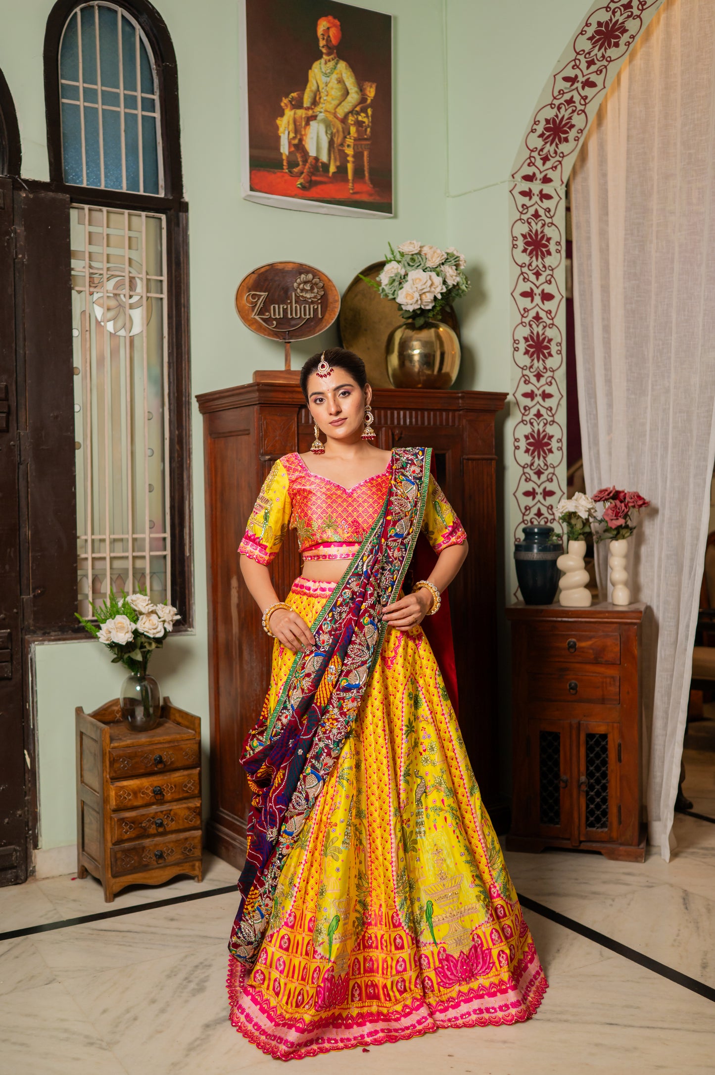 Red Pure Ojariya Bandhej Chunari with Zardozi Bird Motifs Thread Sequins Work