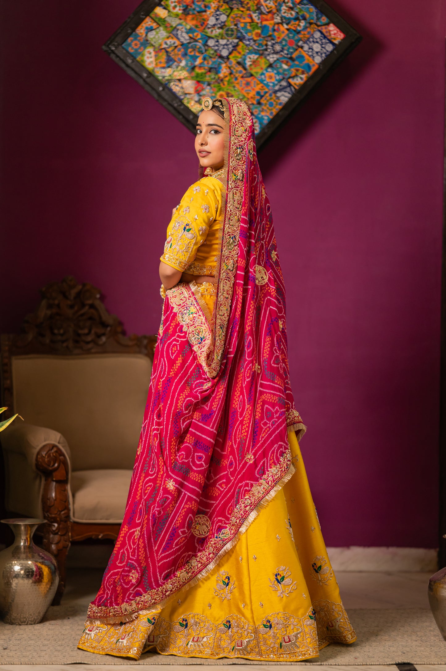 Pink Pure Ojariya Bandhej Chunari with Marodi Zardozi Radha Krishna Peacock Elephant Deer Motifs Sequins Work