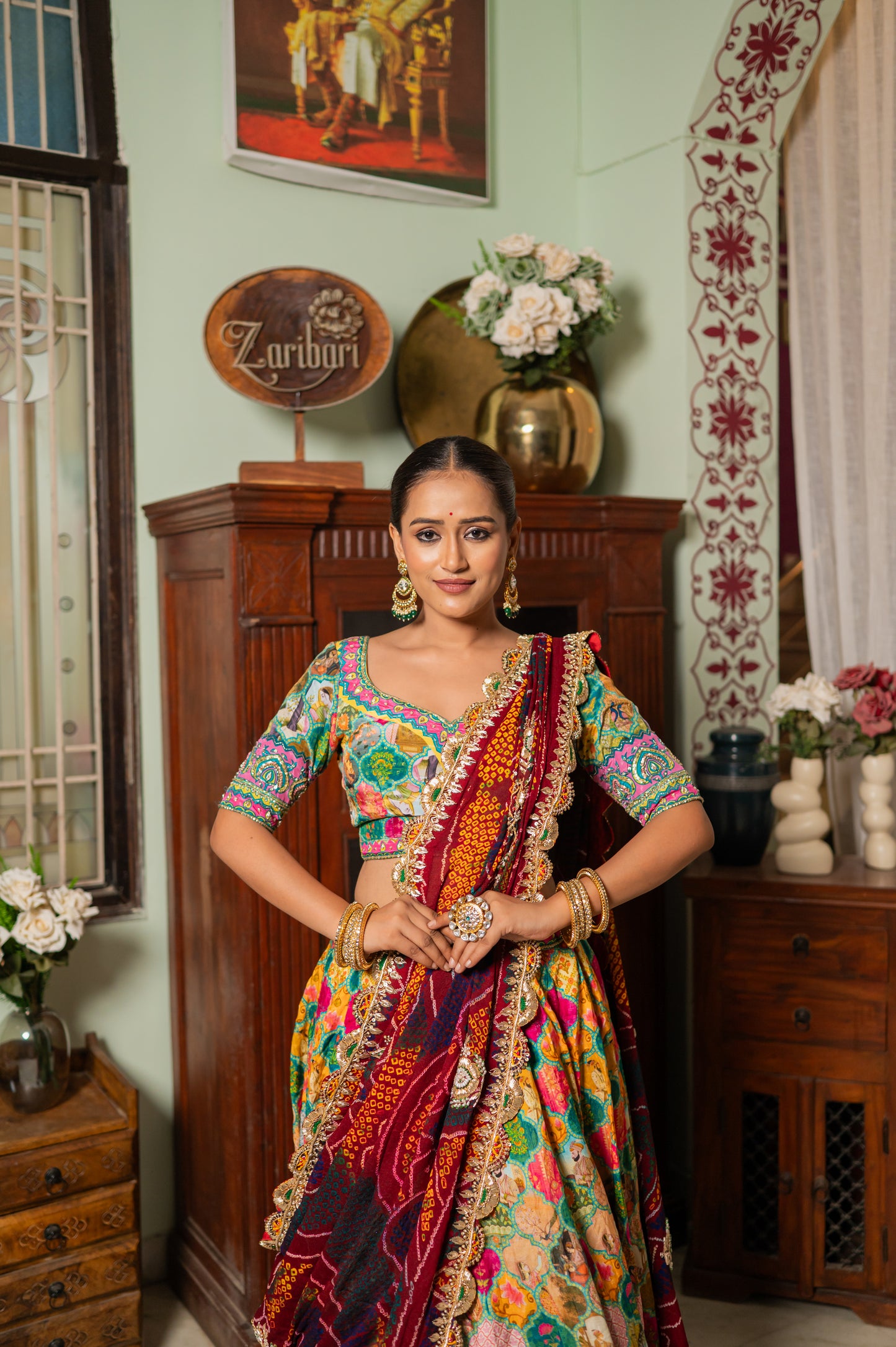 A stunning red pure ojariya bandhej chunari featuring zardozi thread kardana sequins work chunari beautifully adorned with fine craftsmanship and exquisite detailing, perfect for festive and special occasions.