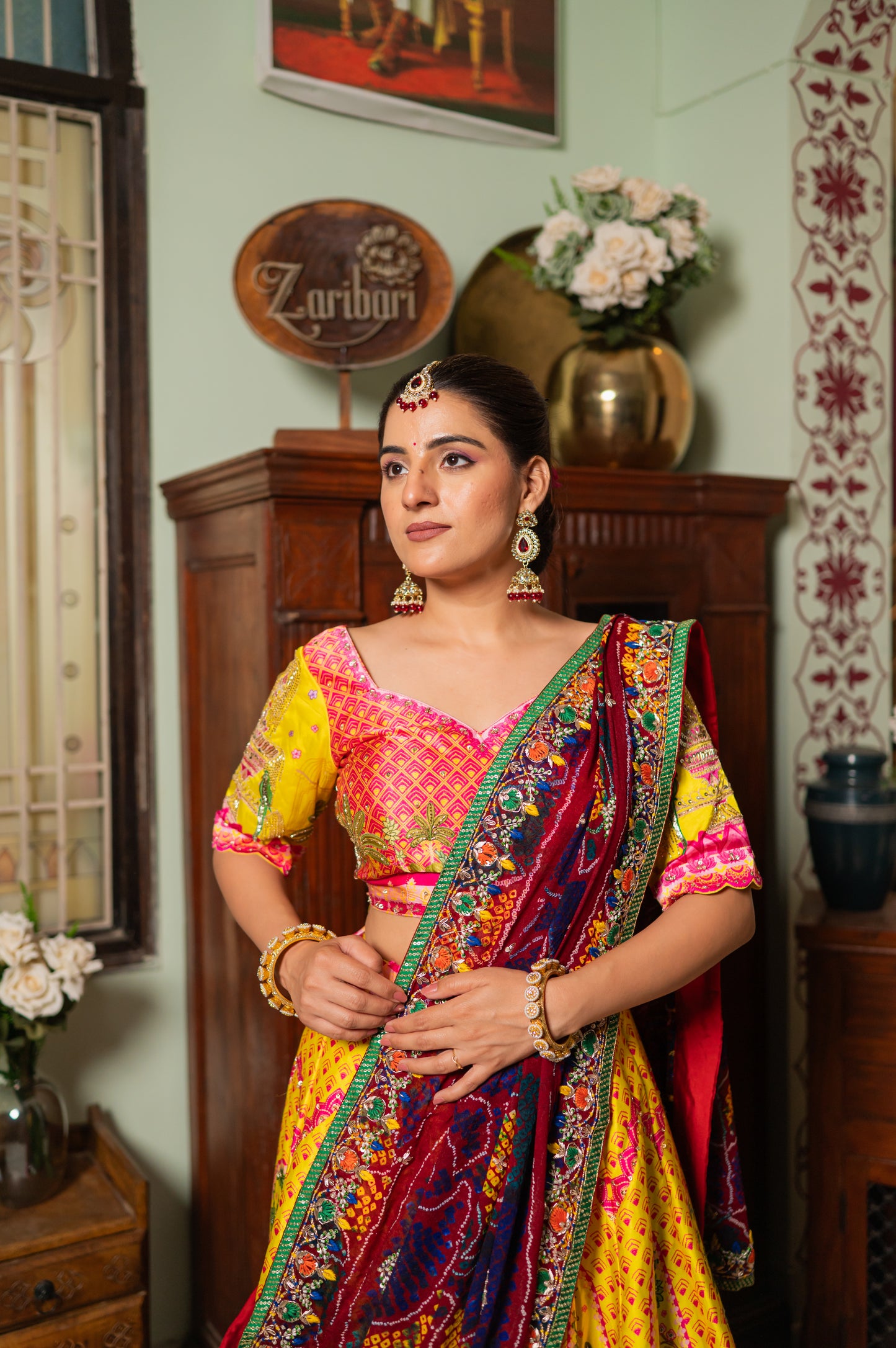 Red Pure Ojariya Bandhej Chunari with Zardozi Thread Pearl and Sequins Work