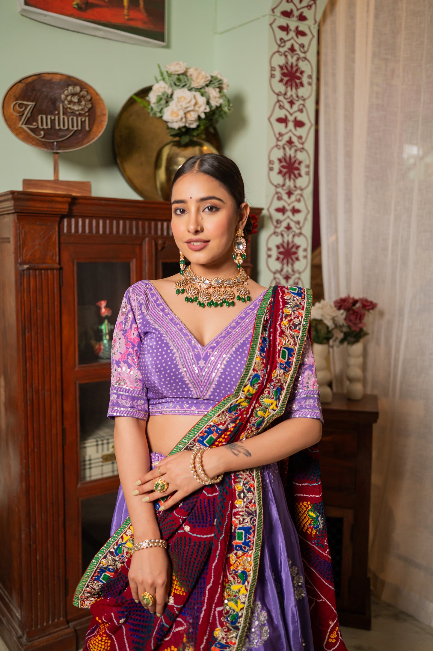 Red Pure Ojariya Bandhej Chunari with Zardozi Thread Elephant and Peacock Motifs Sequins Work