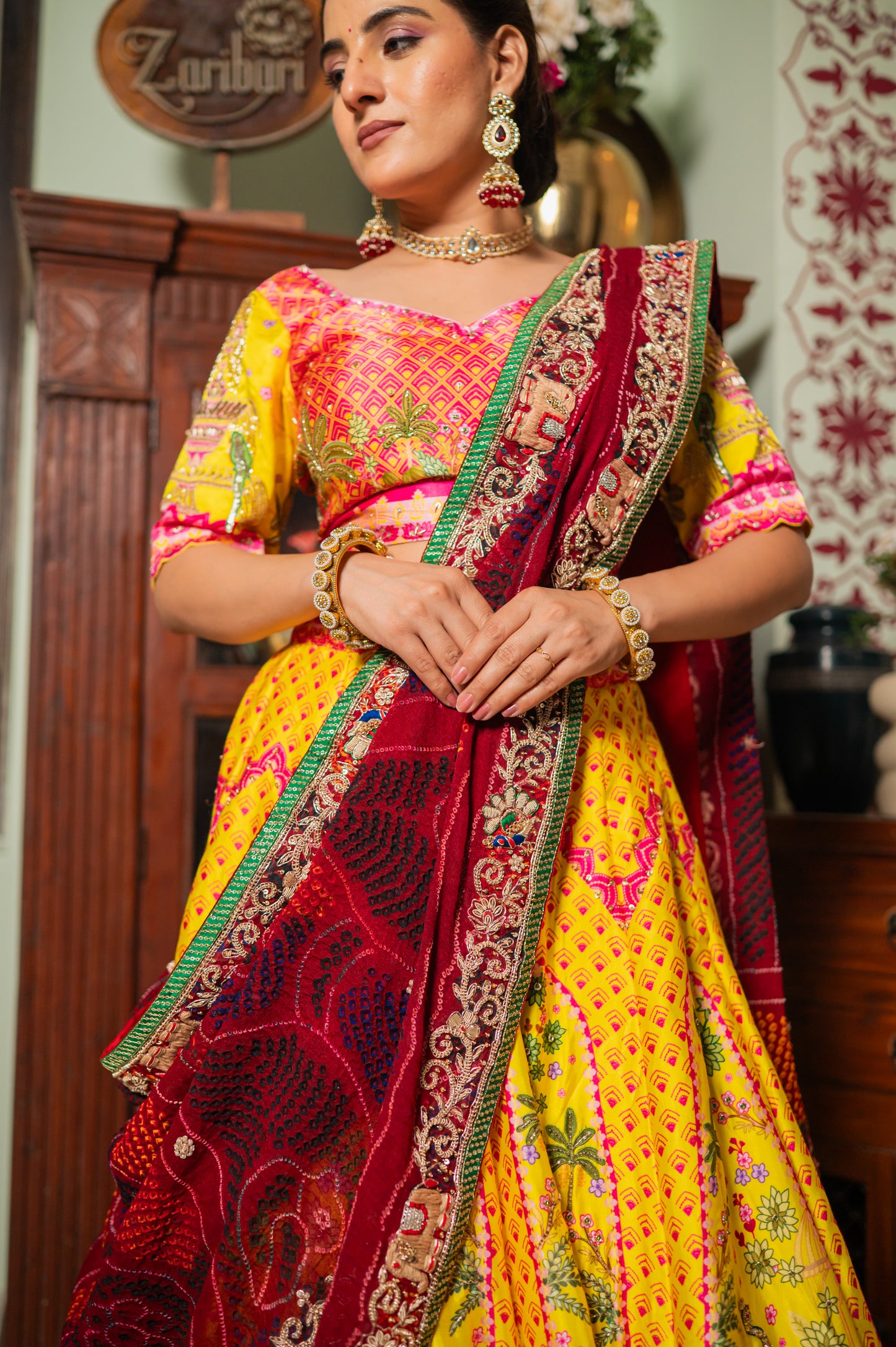 Red Pure Ojariya Bandhej Chunari with Marodi Zardozi Small Peacock Elephant Motifs Sequins Work