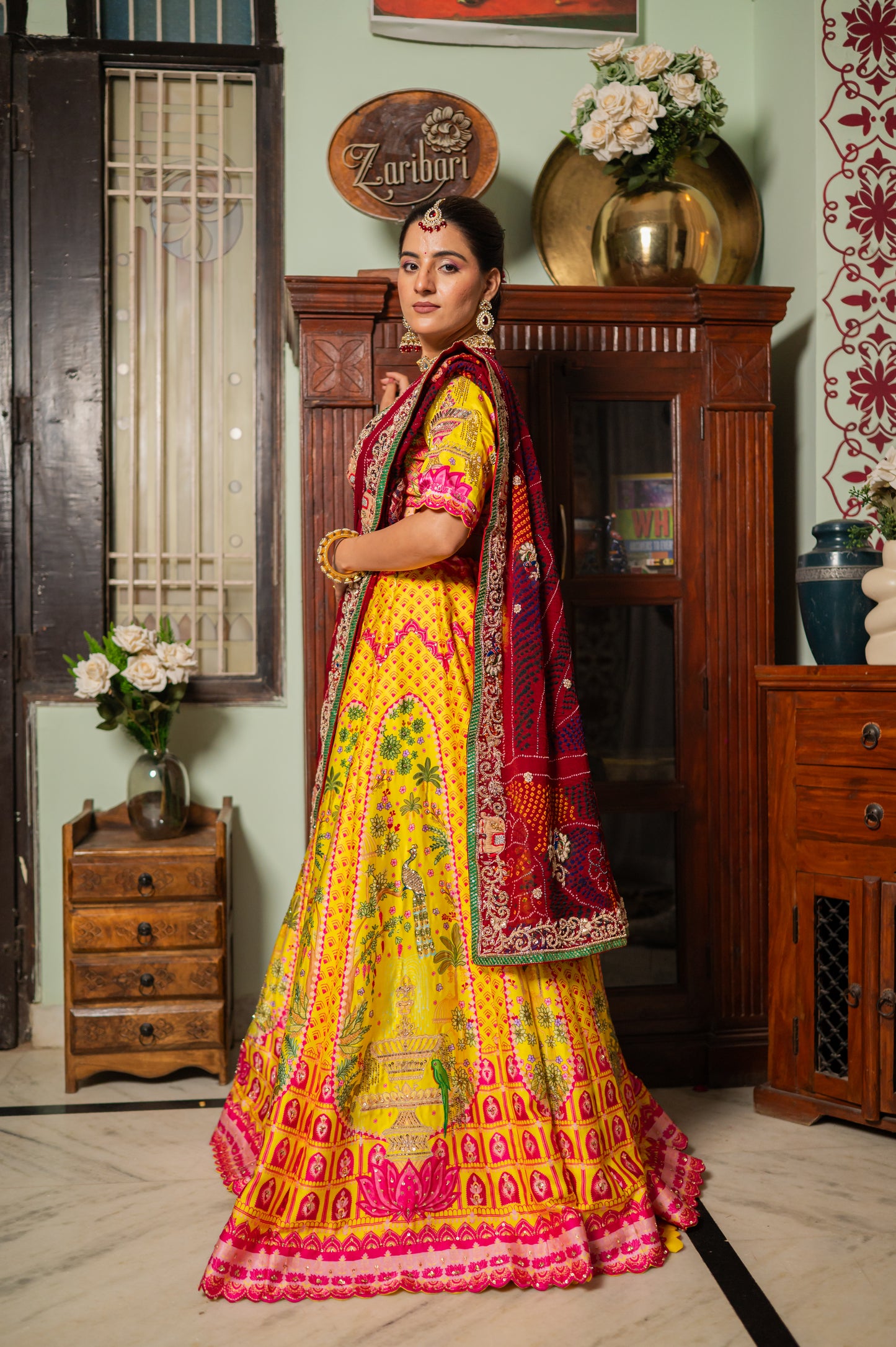 Red Pure Ojariya Bandhej Chunari with Marodi Zardozi Small Peacock Elephant Motifs Sequins Work