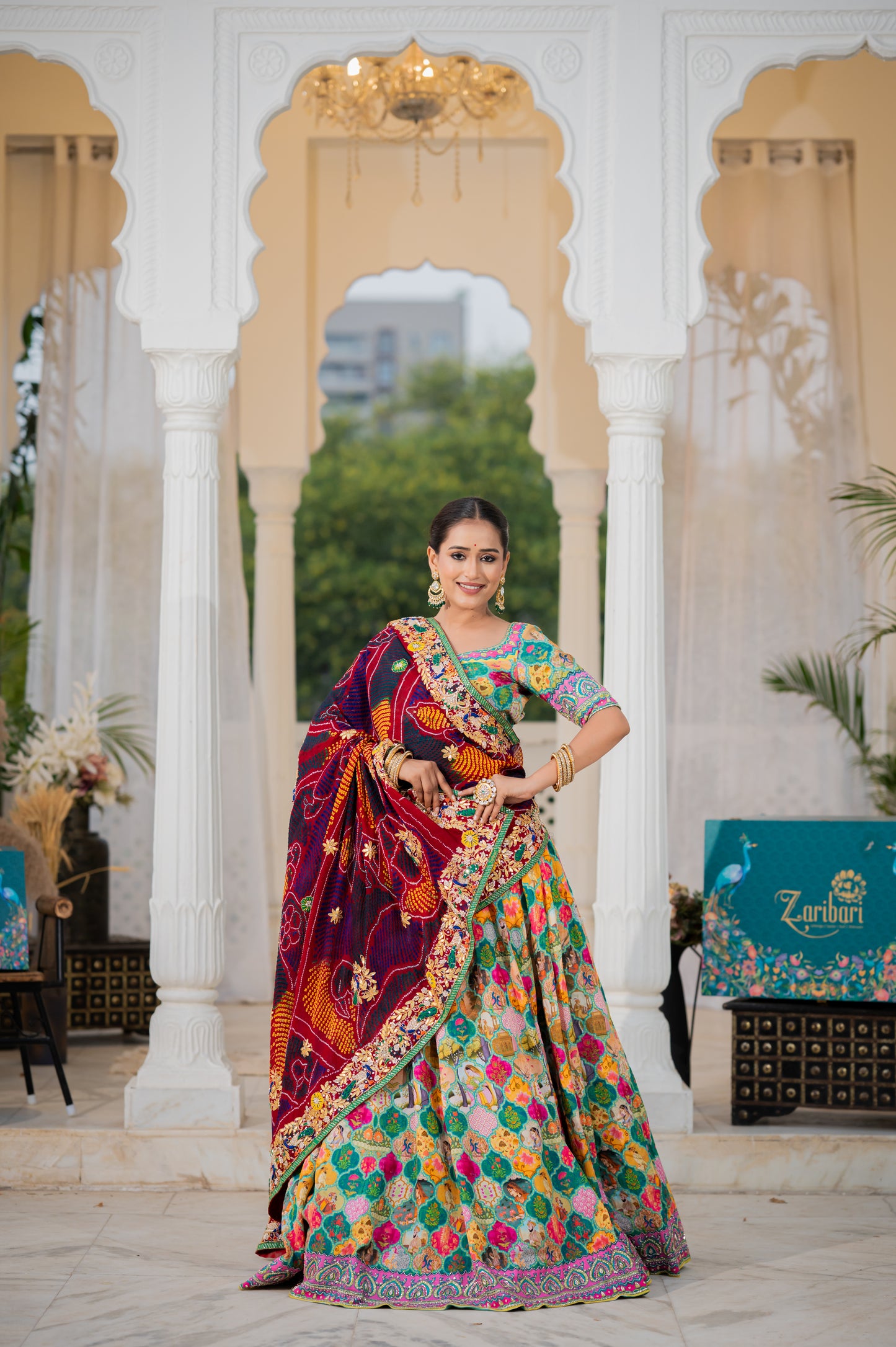 Maroon Pure Ojariya Bandhej Chunari with Marodi Gota Patti Thread Peacock Motifs Sequins Work