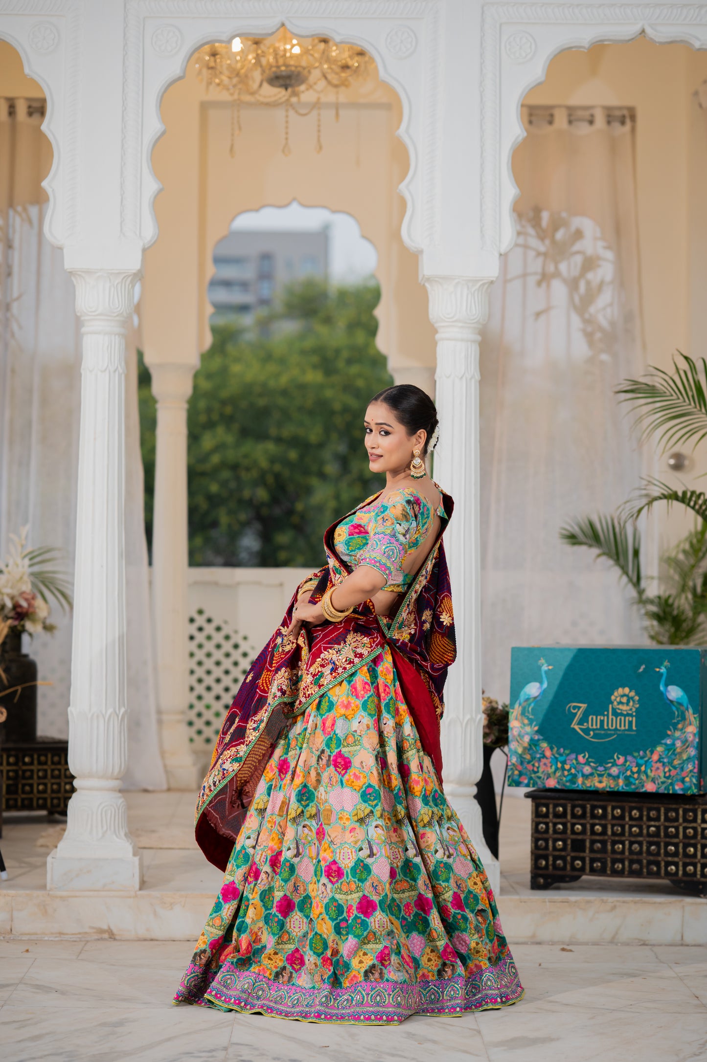 Maroon Pure Ojariya Bandhej Chunari with Marodi Gota Patti Thread Peacock Motifs Sequins Work