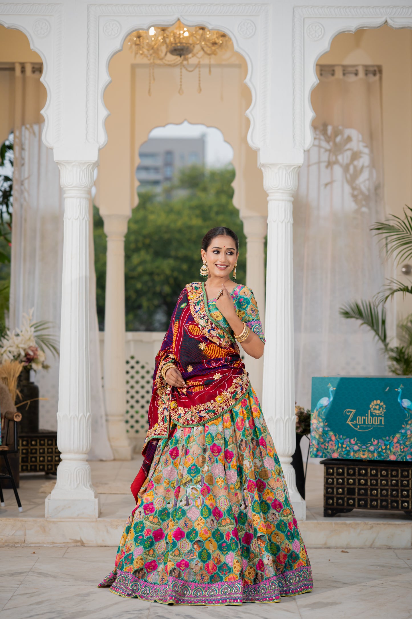 Maroon Pure Ojariya Bandhej Chunari with Marodi Gota Patti Thread Peacock Motifs Sequins Work