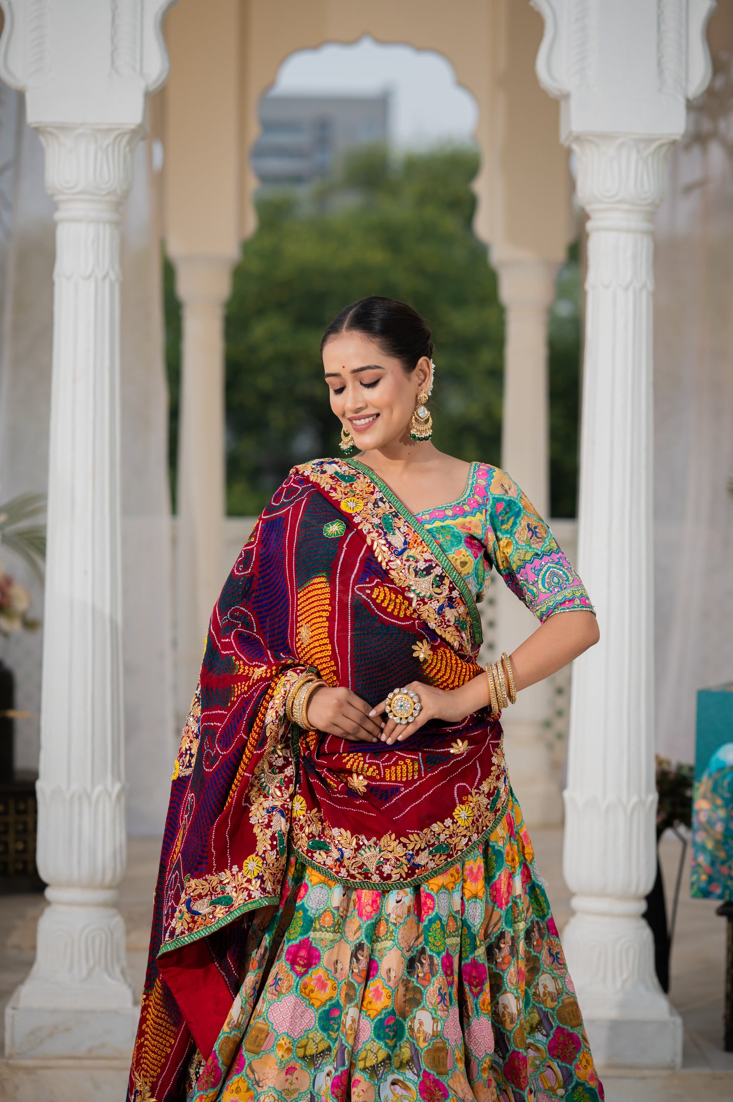 Maroon Pure Ojariya Bandhej Chunari with Marodi Gota Patti Thread Peacock Motifs Sequins Work