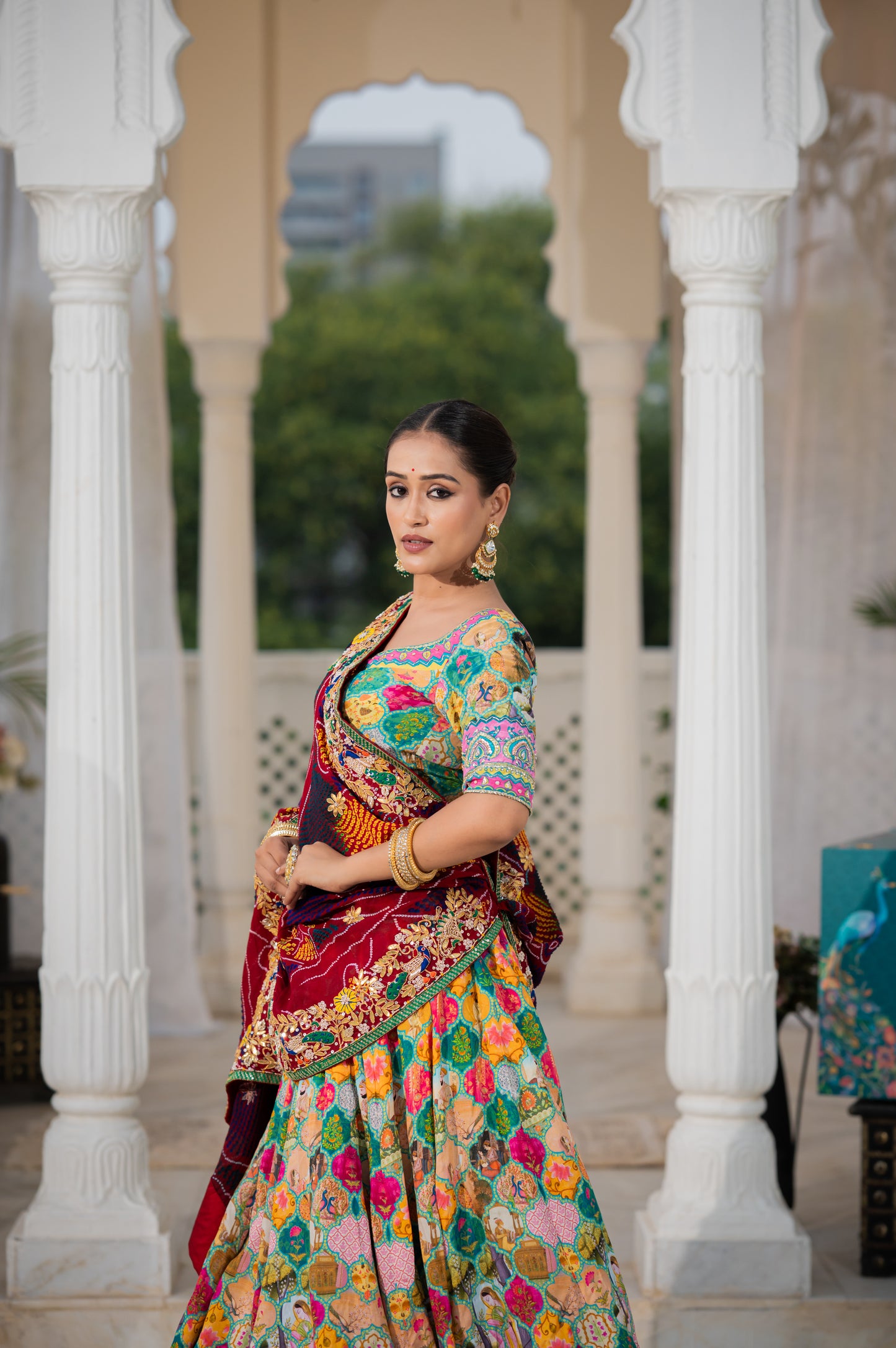 Maroon Pure Ojariya Bandhej Chunari with Marodi Gota Patti Thread Peacock Motifs Sequins Work