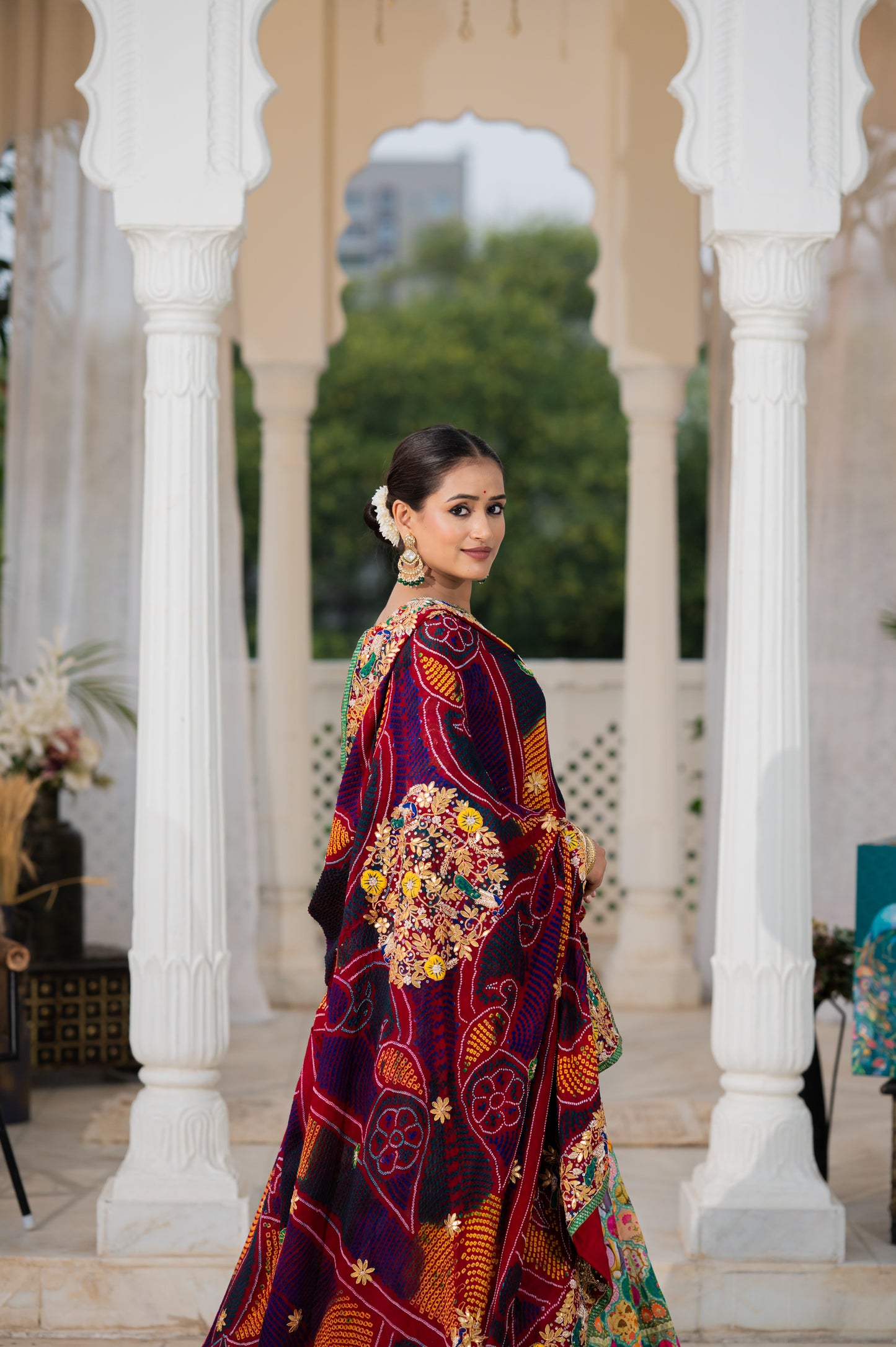 Maroon Pure Ojariya Bandhej Chunari with Marodi Gota Patti Thread Peacock Motifs Sequins Work