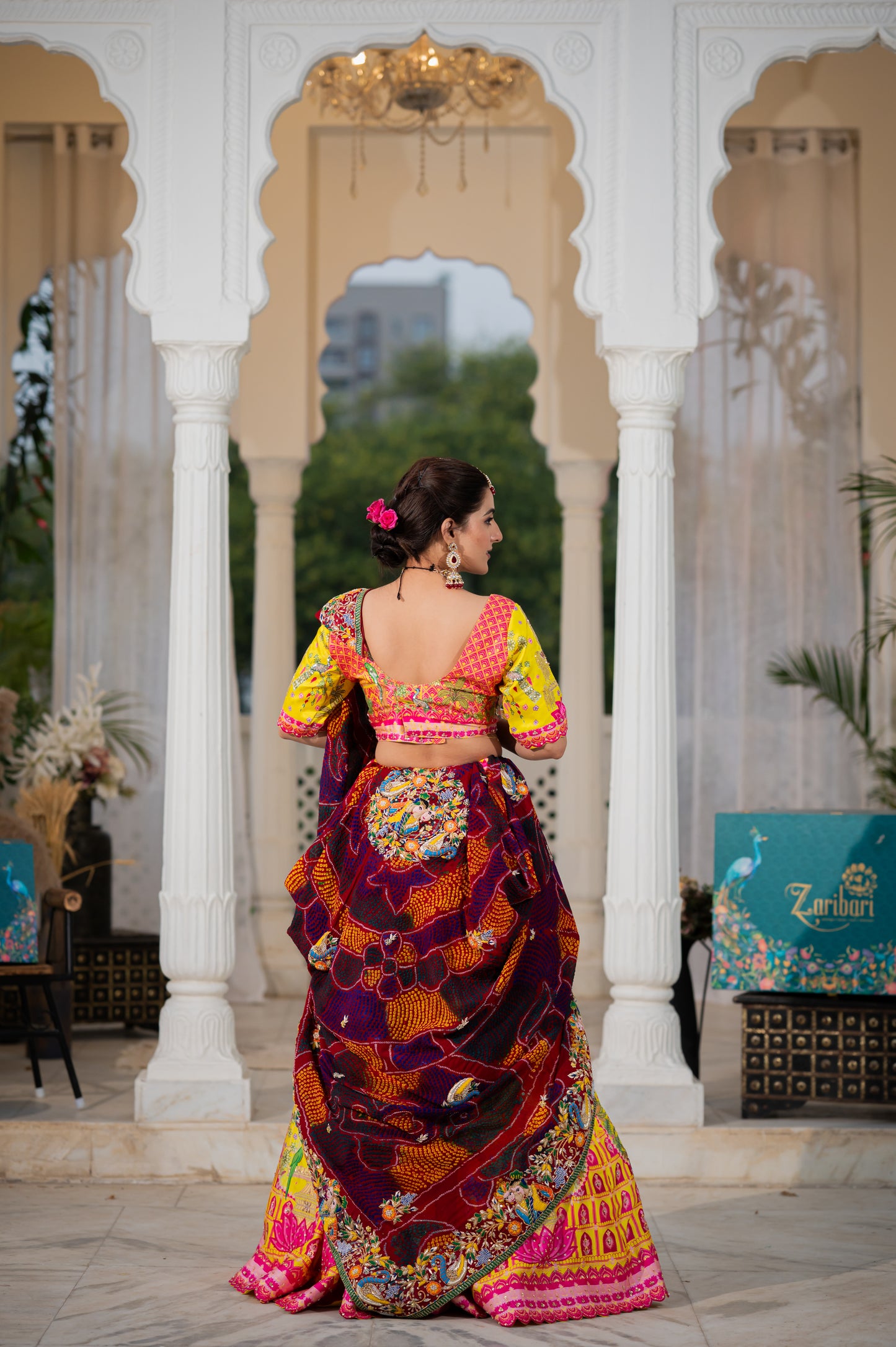 Maroon Pure Ojariya Bandhej Chunari with Marodi Zardozi Thread Radha Krishna Motifs Sequins Work