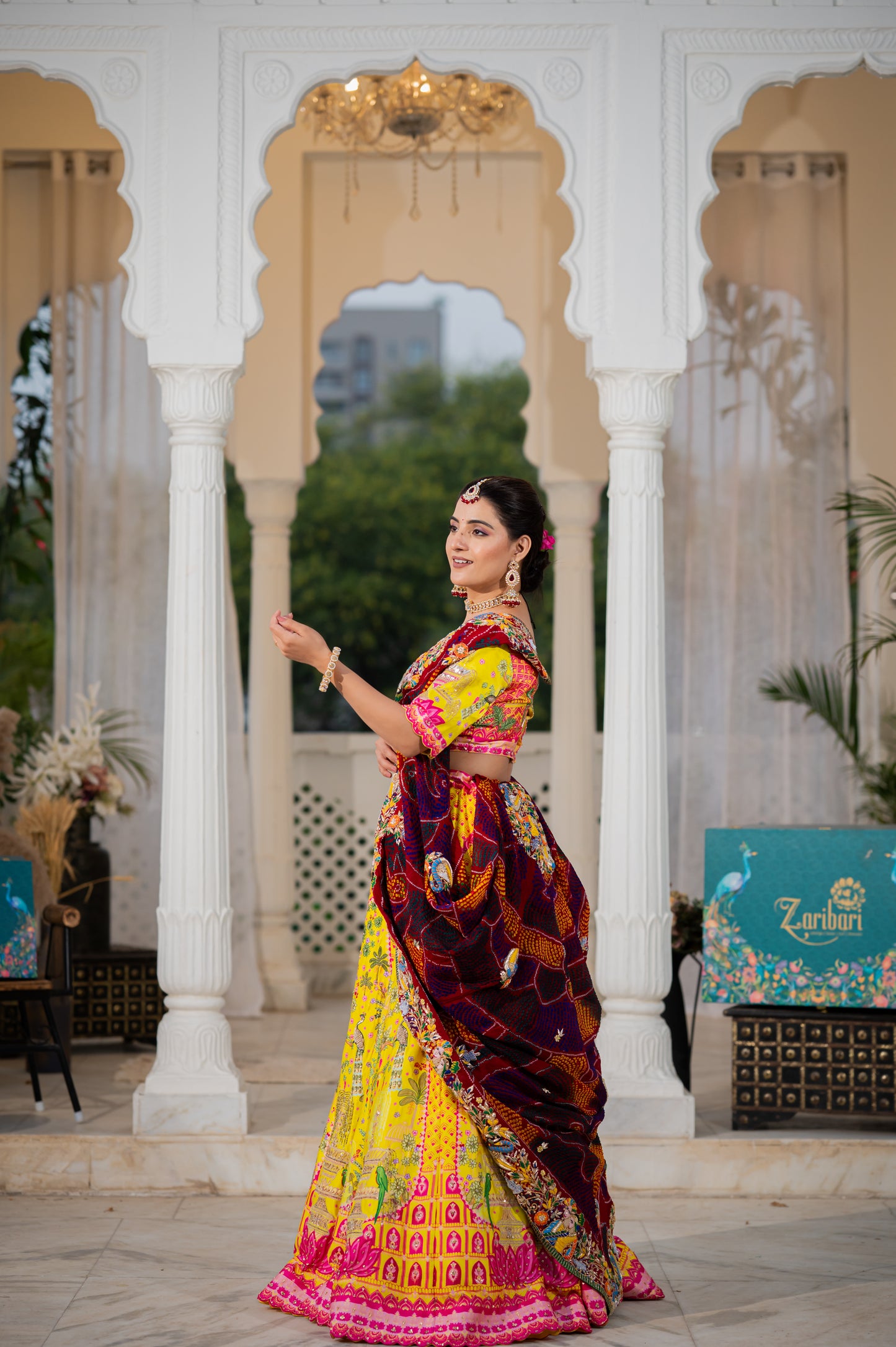 Maroon Pure Ojariya Bandhej Chunari with Marodi Zardozi Thread Radha Krishna Motifs Sequins Work