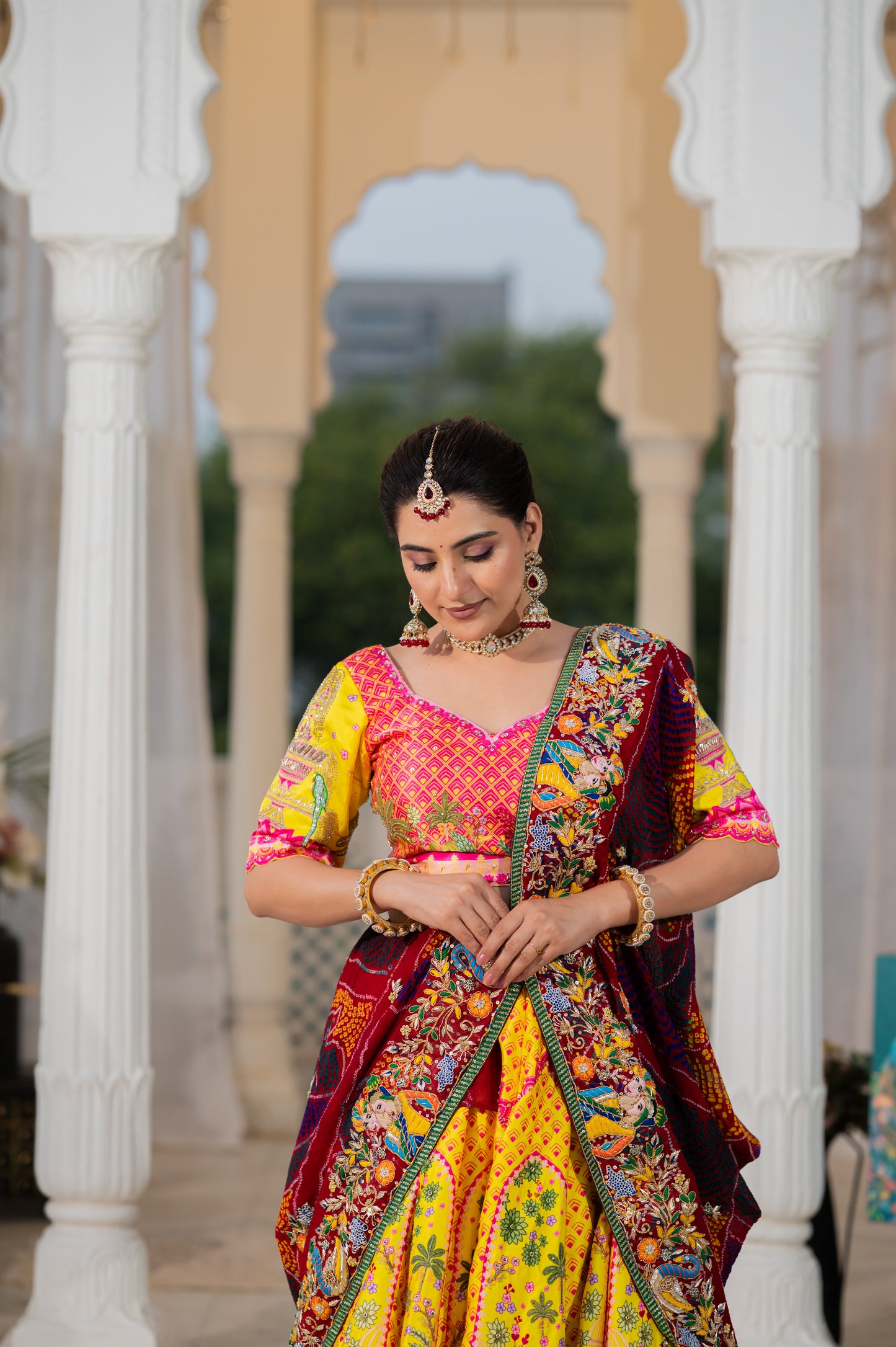 Maroon Pure Ojariya Bandhej Chunari with Marodi Zardozi Thread Radha Krishna Motifs Sequins Work