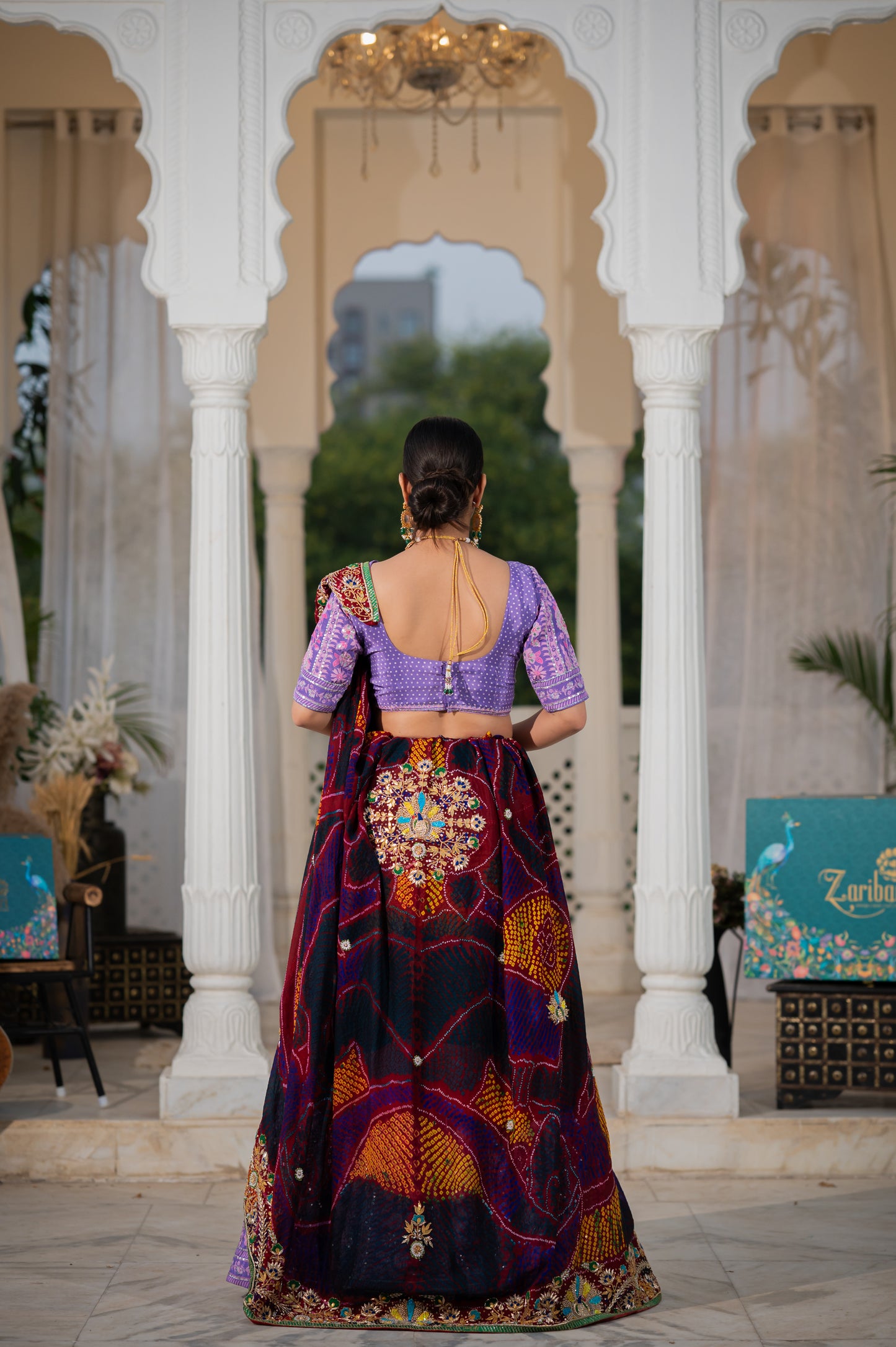 Maroon Pure Ojariya Bandhej Chunari with Zardozi Sequins Beads Peacock Motifs Gota Patti Work