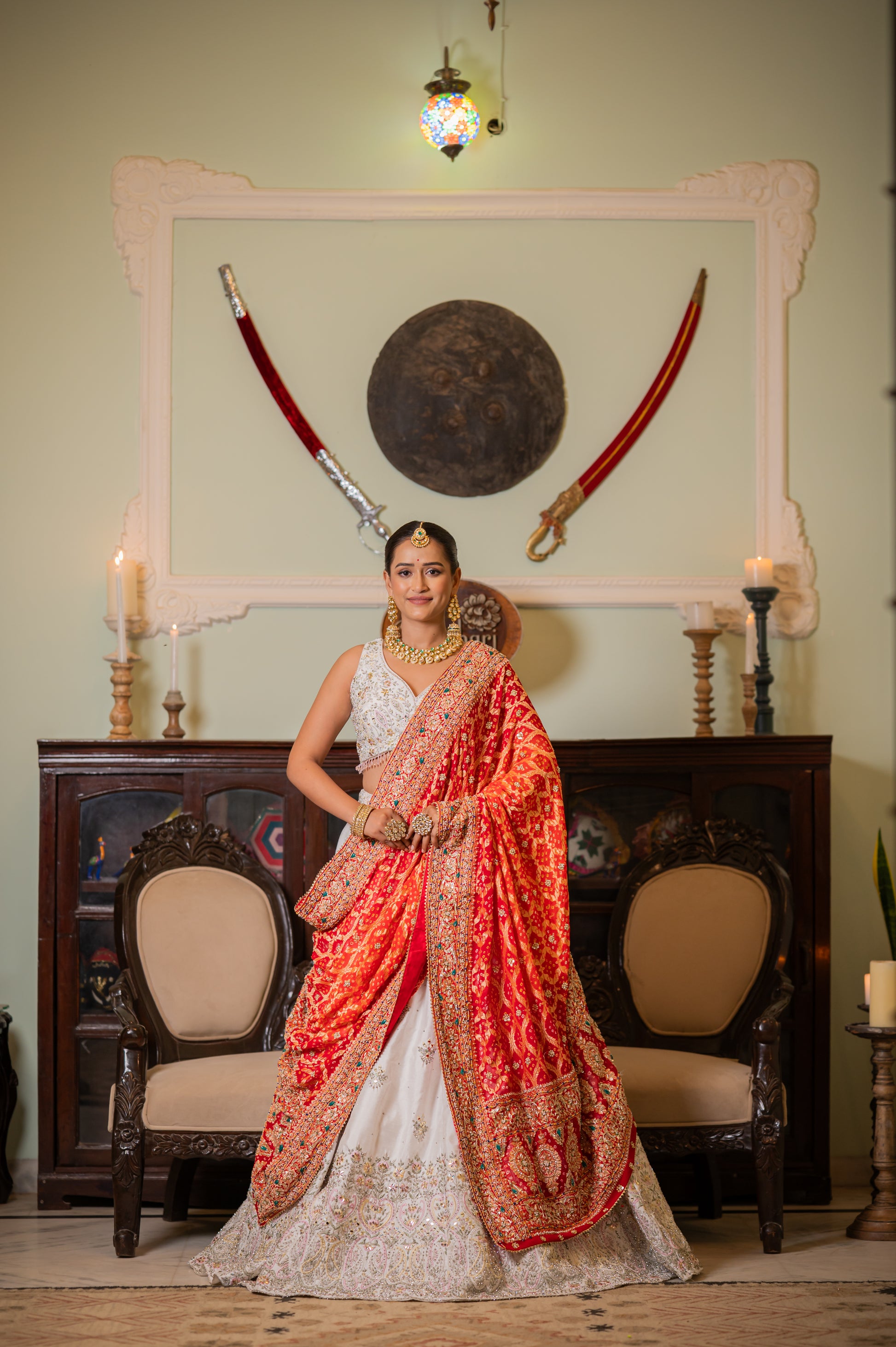 A stunning orange pure khaddi georgette meenakari bandhej chunari featuring thread kardana sequins work chunari beautifully adorned with fine craftsmanship and exquisite detailing, perfect for festive and special occasions.