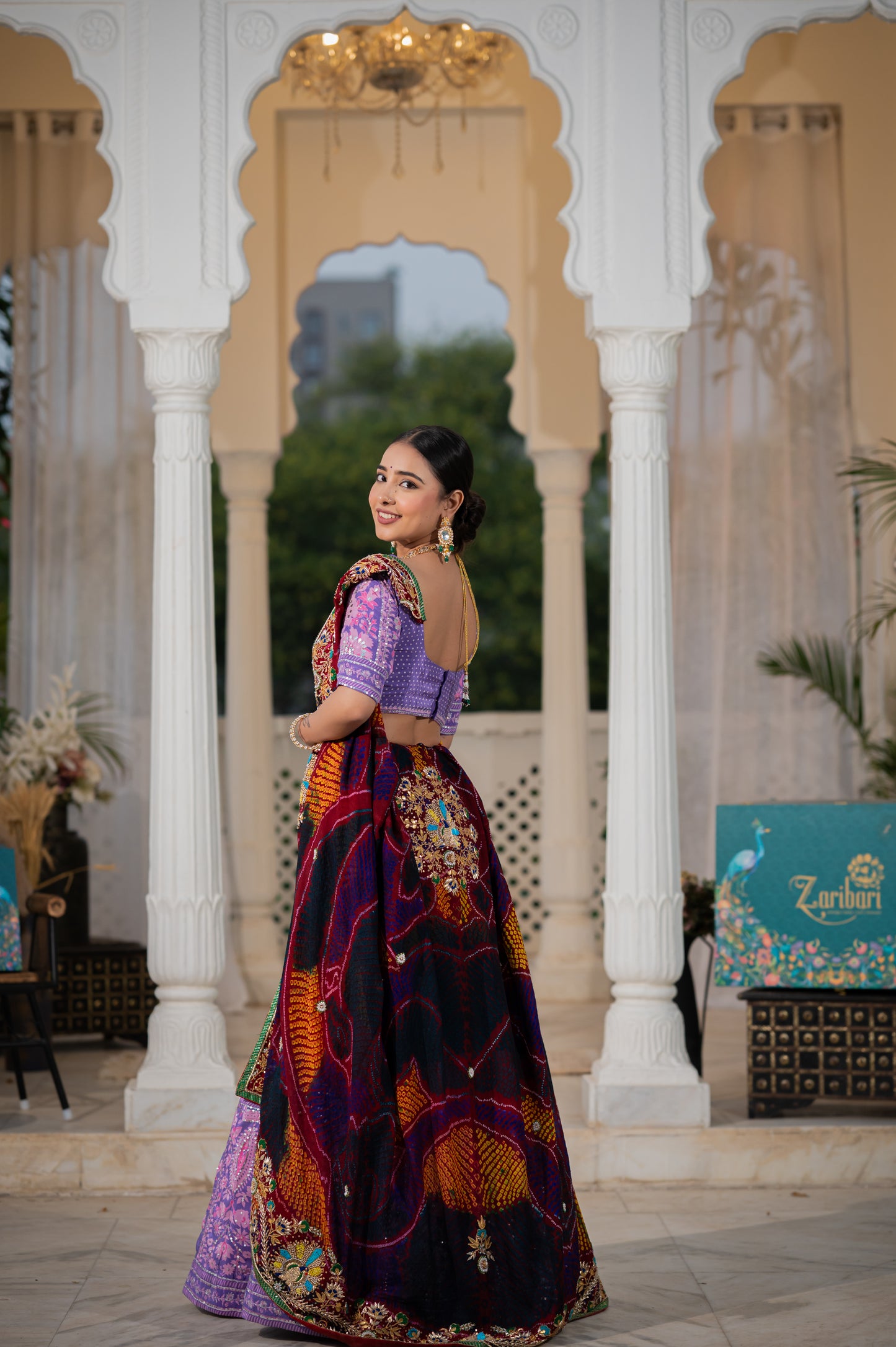 Maroon Pure Ojariya Bandhej Chunari with Zardozi Sequins Beads Peacock Motifs Gota Patti Work
