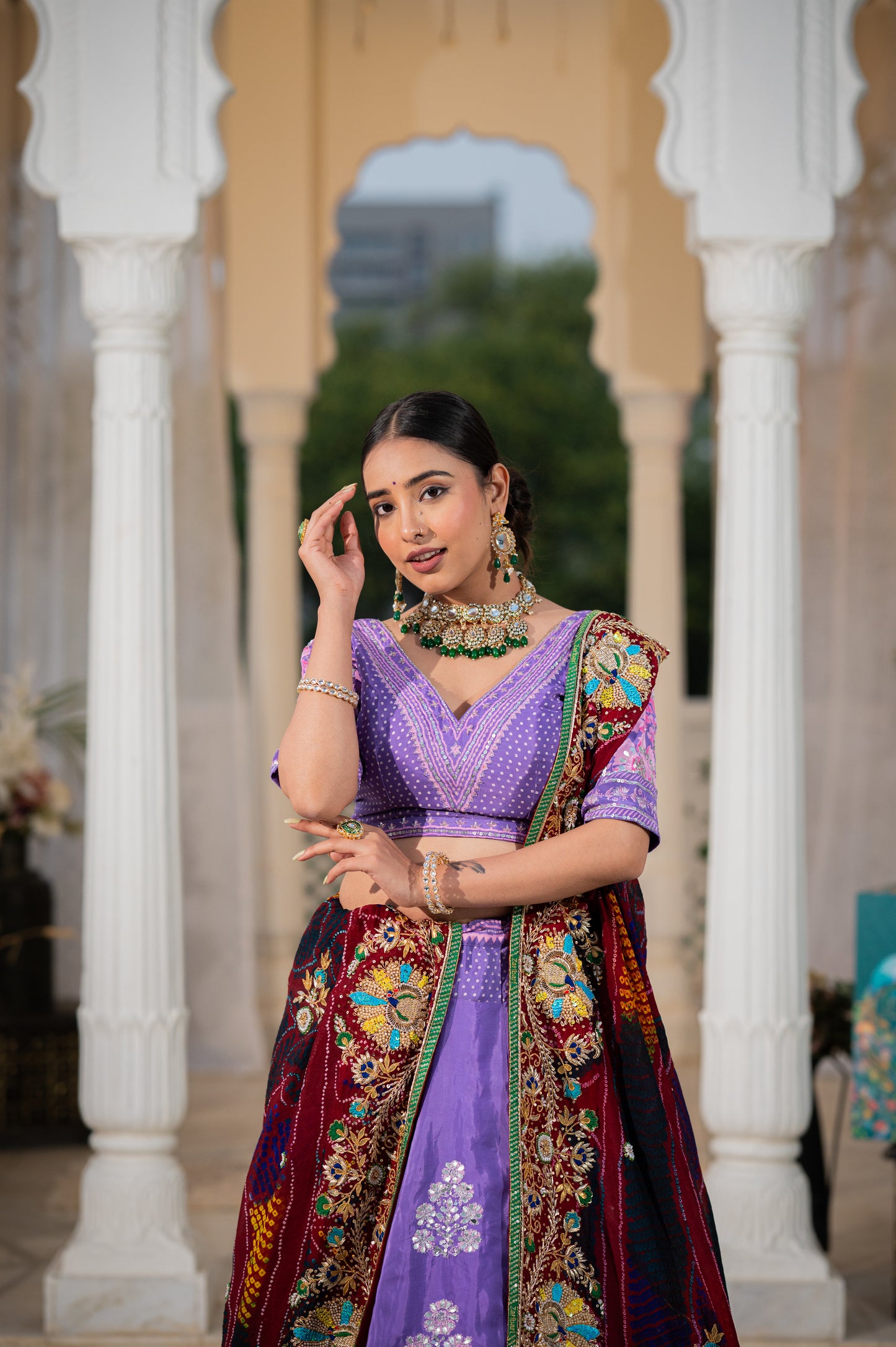 Maroon Pure Ojariya Bandhej Chunari with Zardozi Sequins Beads Peacock Motifs Gota Patti Work