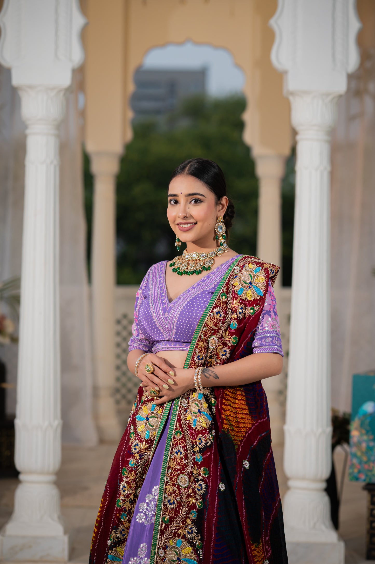 Maroon Pure Ojariya Bandhej Chunari with Zardozi Sequins Beads Peacock Motifs Gota Patti Work
