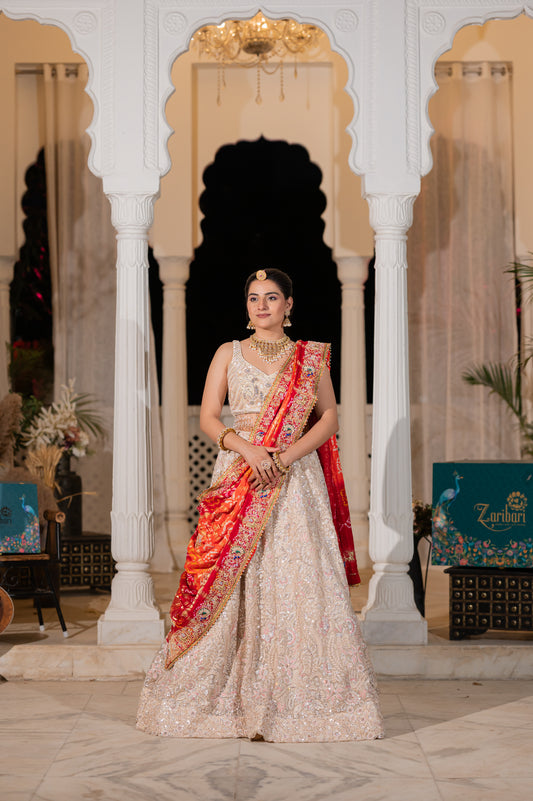 A stunning orange gajji silk bandhej chunari featuring zardozi and thread elephant peacock motifs kardana sequins work chunari beautifully adorned with fine craftsmanship and exquisite detailing, perfect for festive and special occasions.