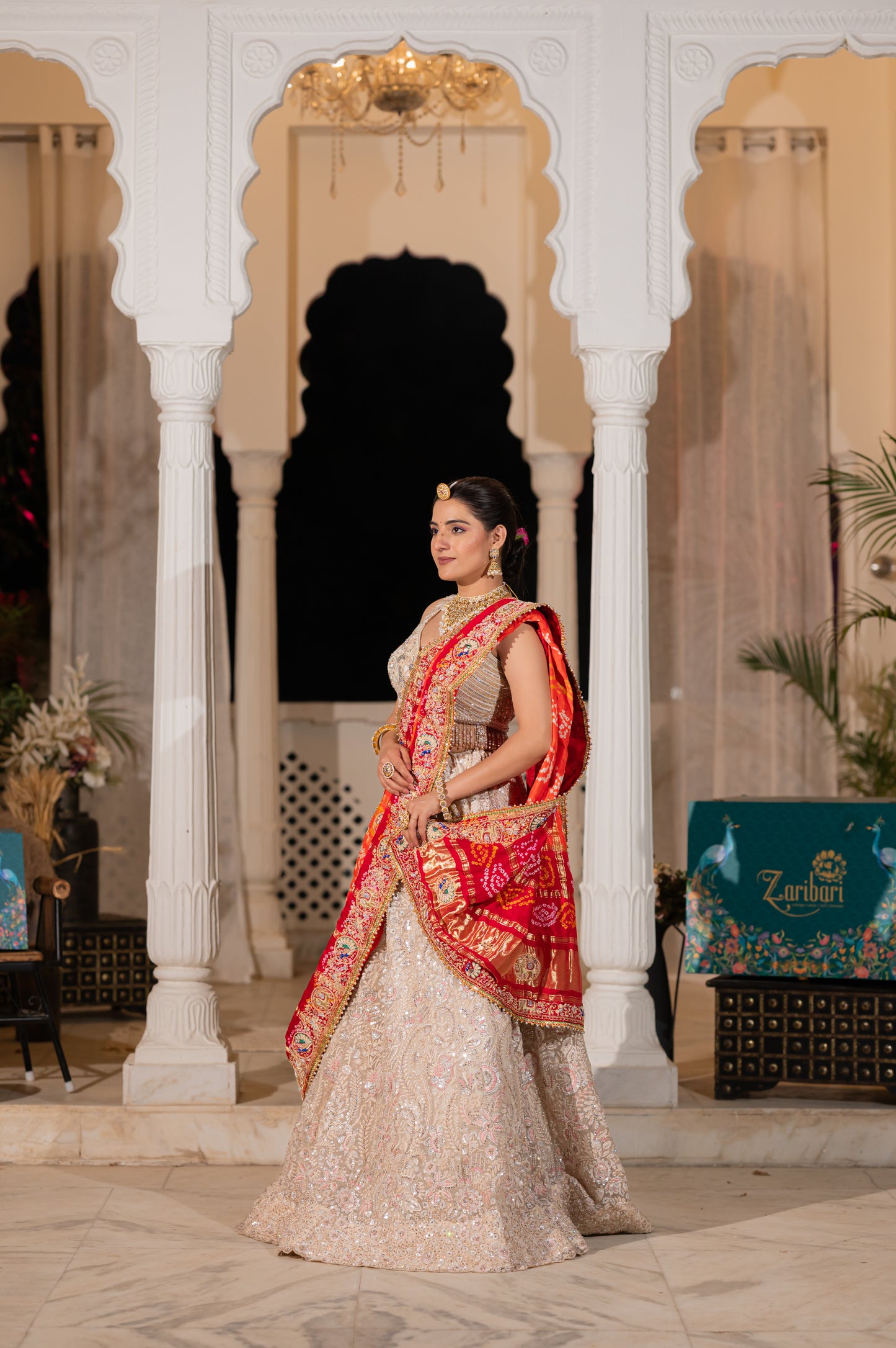 Orange Gajji Silk Bandhej Chunari with Zardozi and Thread Elephant Peacock Motifs Kardana Sequins Work