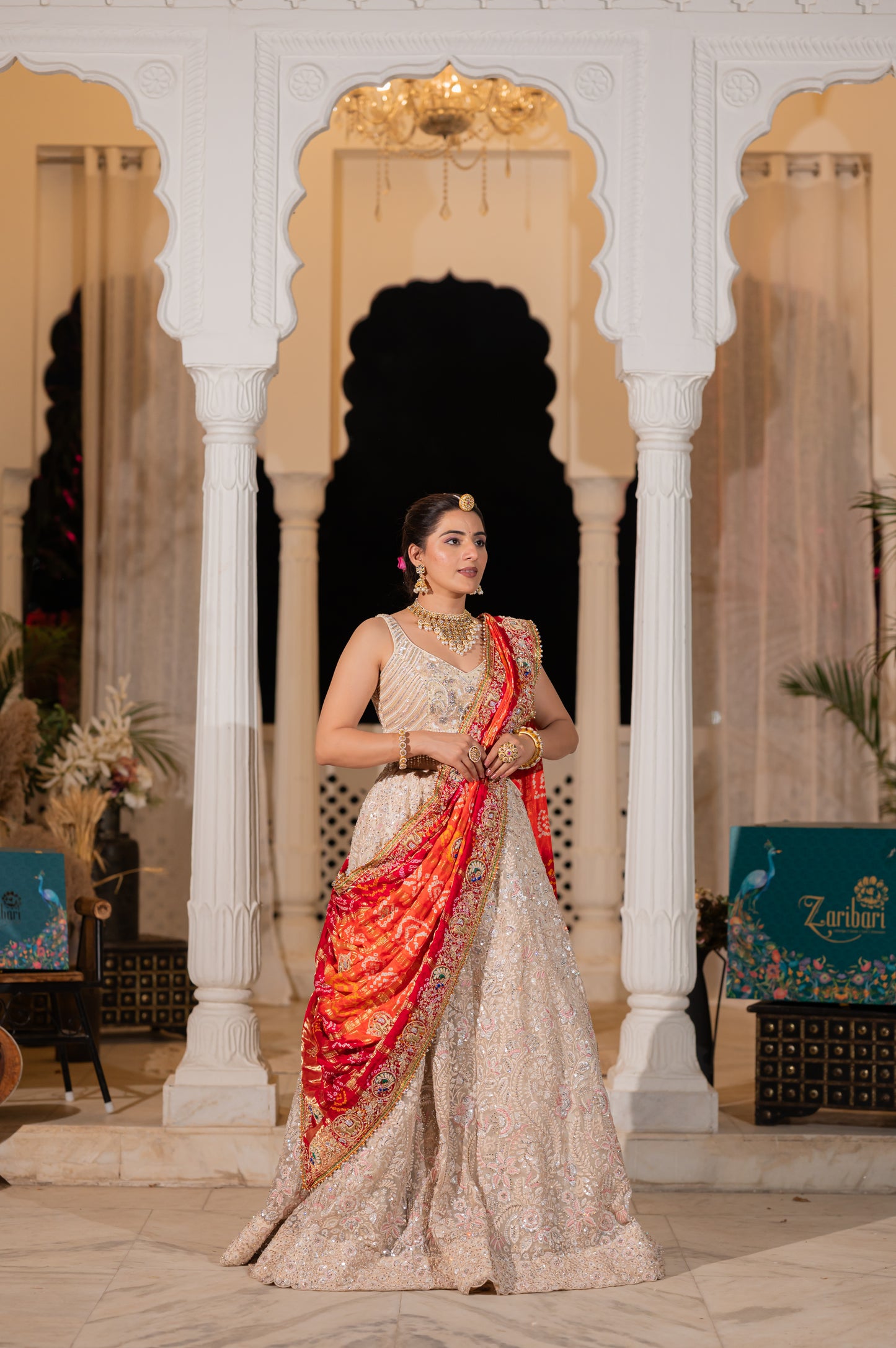 Orange Gajji Silk Bandhej Chunari with Zardozi and Thread Elephant Peacock Motifs Kardana Sequins Work