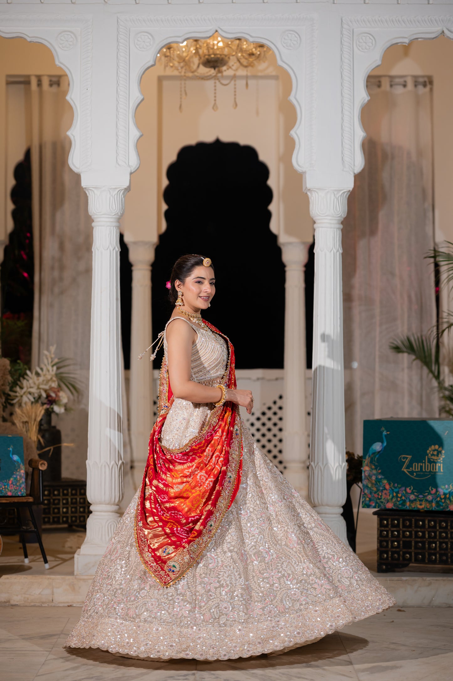 Orange Gajji Silk Bandhej Chunari with Zardozi and Thread Elephant Peacock Motifs Kardana Sequins Work