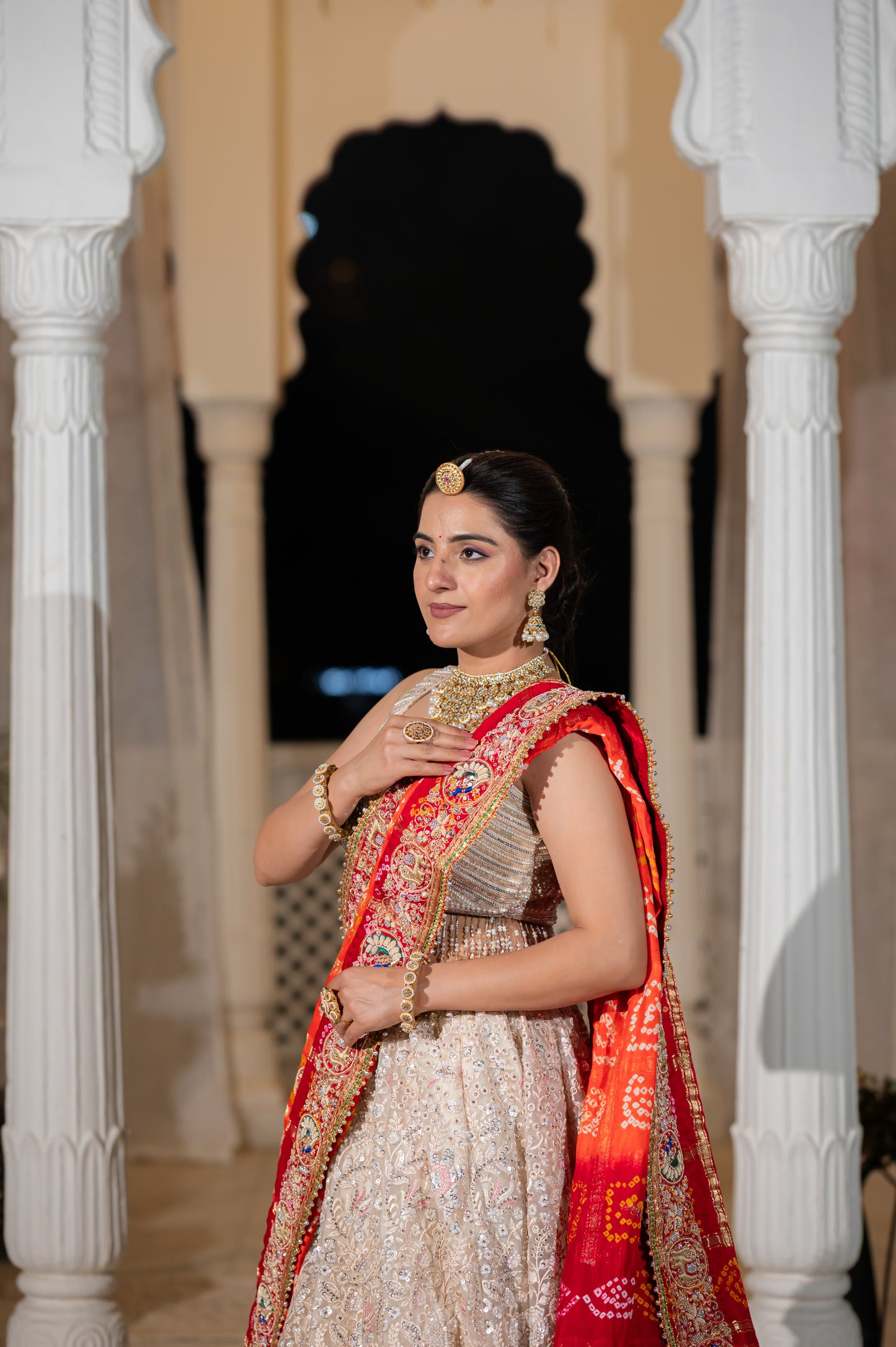 Orange Gajji Silk Bandhej Chunari with Zardozi and Thread Elephant Peacock Motifs Kardana Sequins Work