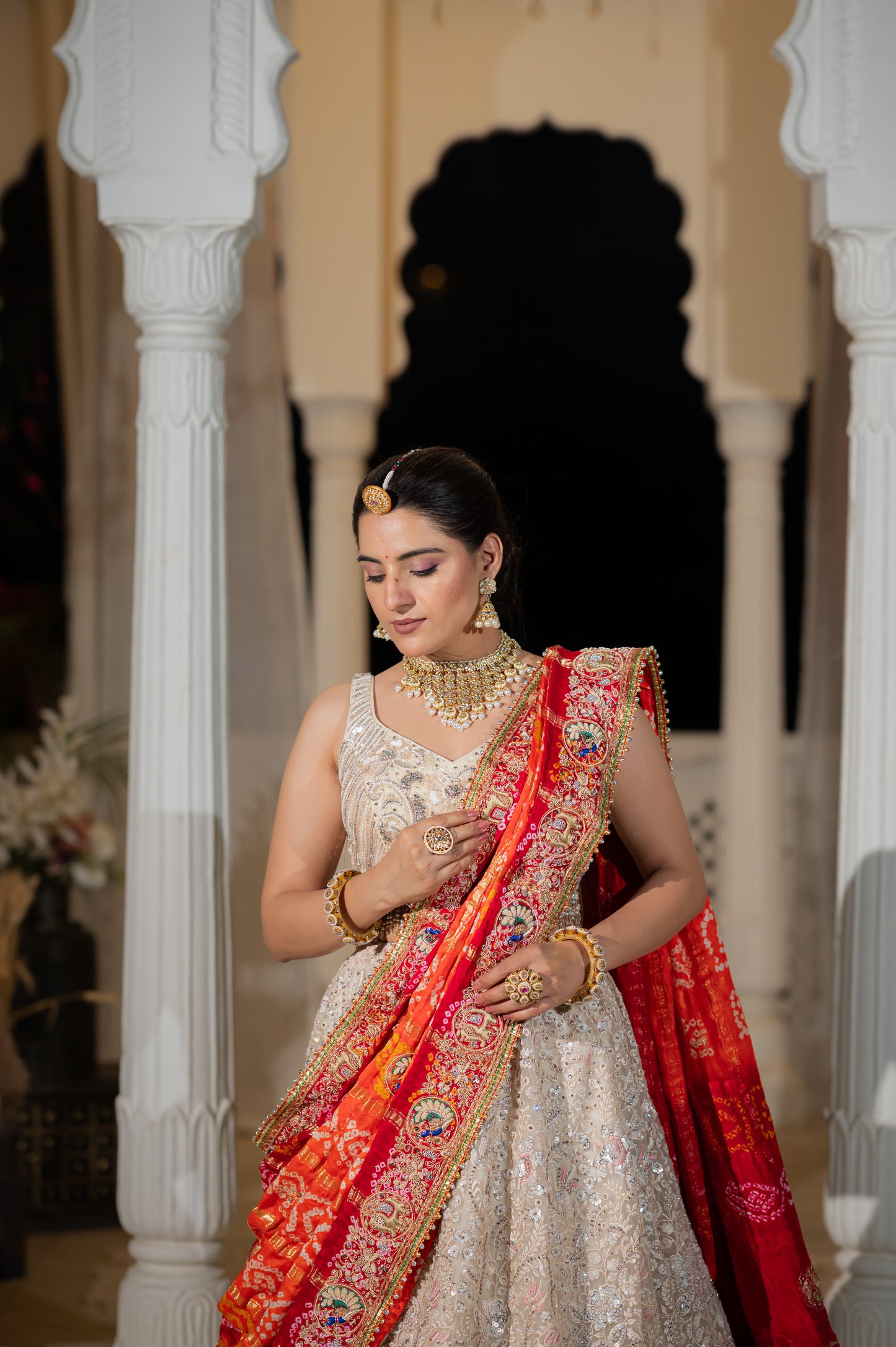 Orange Gajji Silk Bandhej Chunari with Zardozi and Thread Elephant Peacock Motifs Kardana Sequins Work