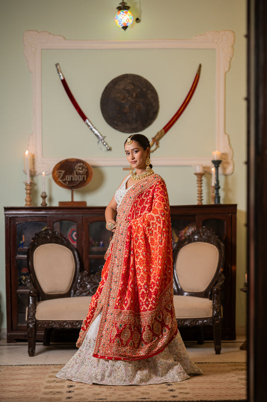 Orange Pure Khaddi Georgette Meenakari Bandhej Chunari with Thread Kardana Sequins Work