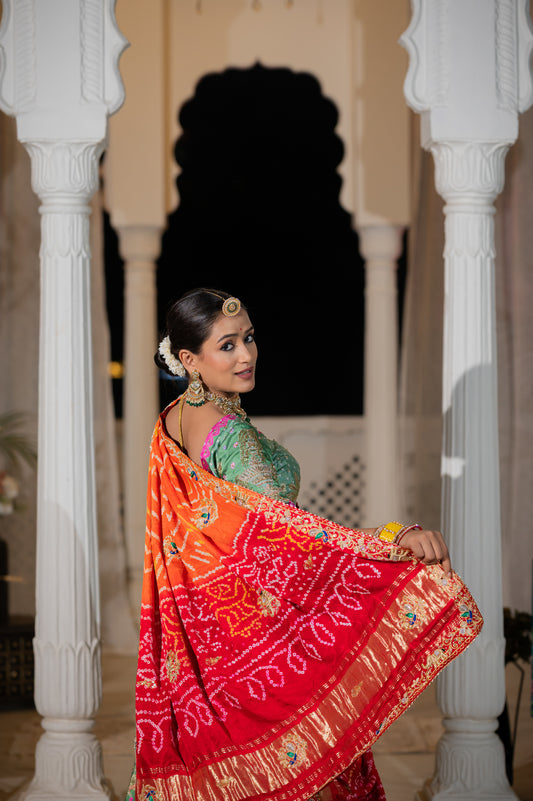 Red Orange Gajji Silk Bandhej Chunari with Marodi Zardozi and Thread Peacock Elephant Motifs Sequins Work