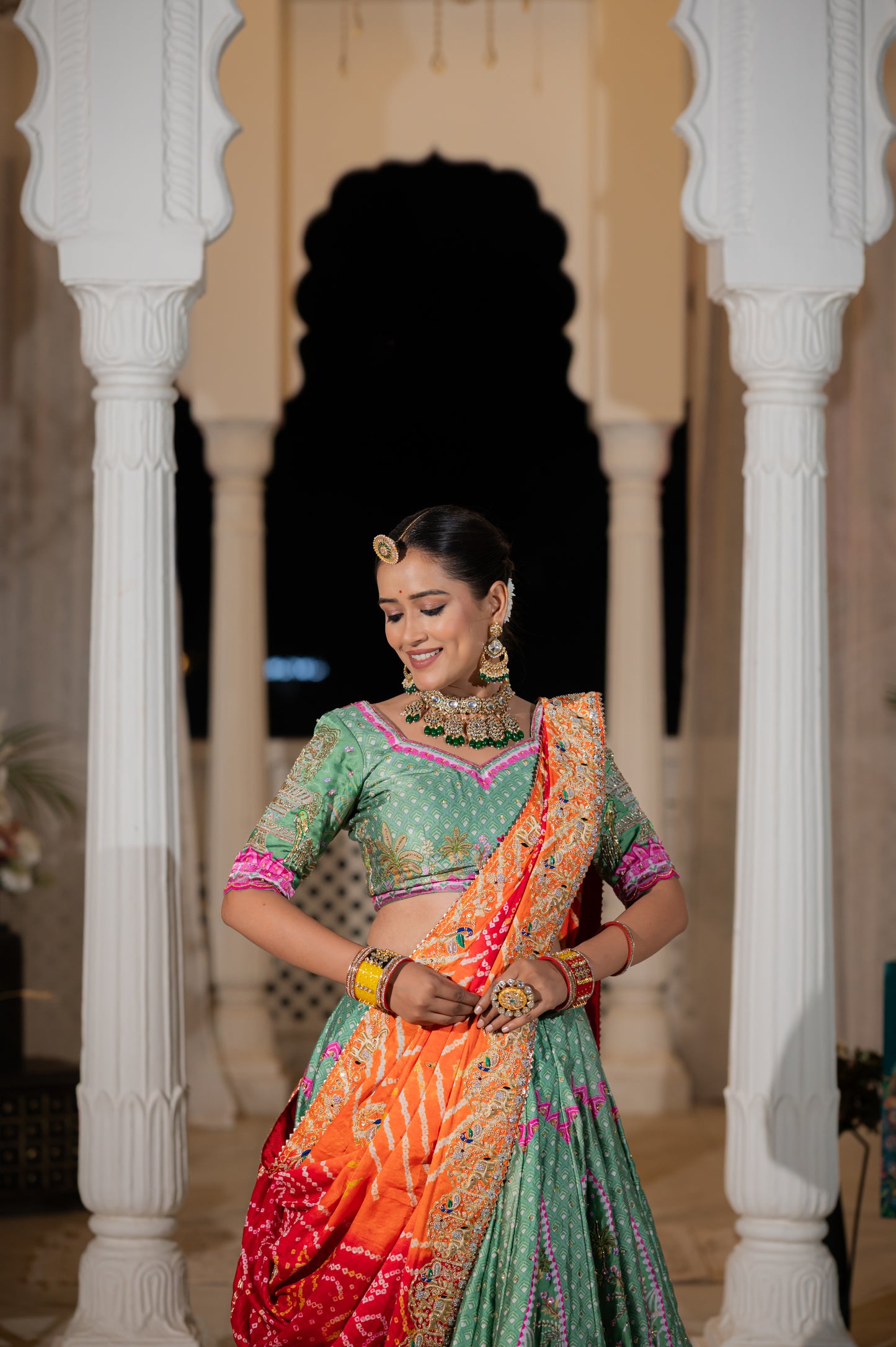 Red Orange Gajji Silk Bandhej Chunari with Marodi Zardozi and Thread Peacock Elephant Motifs Sequins Work