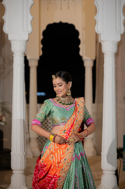 Red Orange Gajji Silk Bandhej Chunari with Marodi Zardozi and Thread Peacock Elephant Motifs Sequins Work