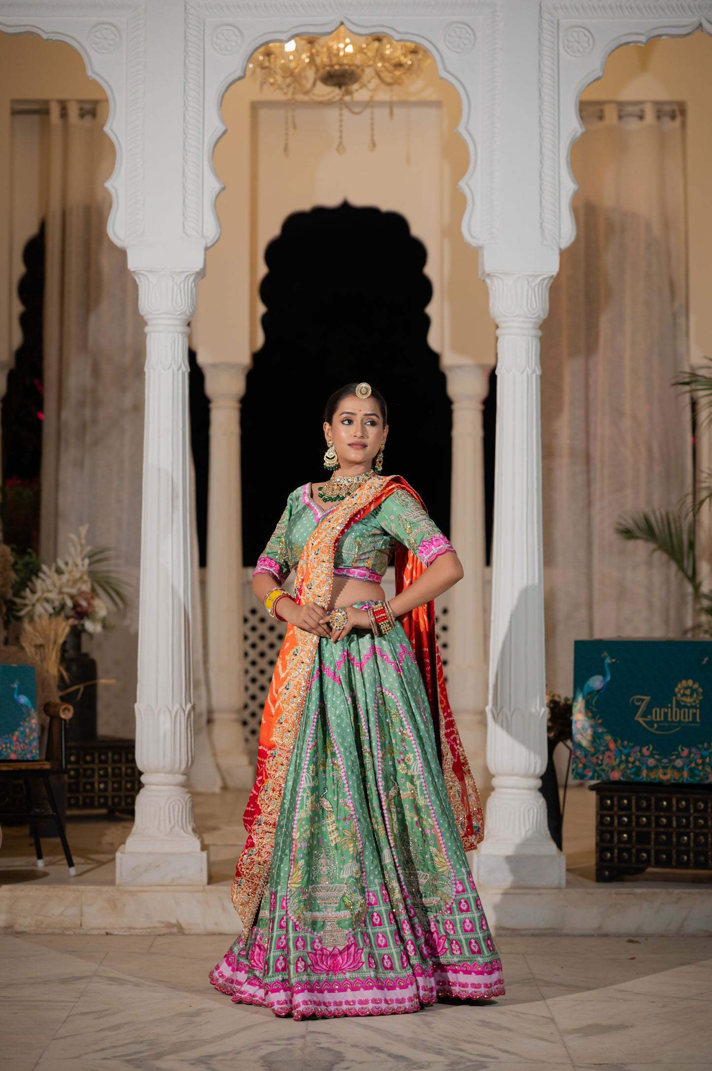 Red Orange Gajji Silk Bandhej Chunari with Marodi Zardozi and Thread Peacock Elephant Motifs Sequins Work