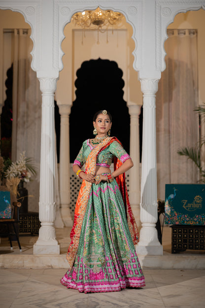 Red Orange Gajji Silk Bandhej Chunari with Marodi Zardozi and Thread Peacock Elephant Motifs Sequins Work
