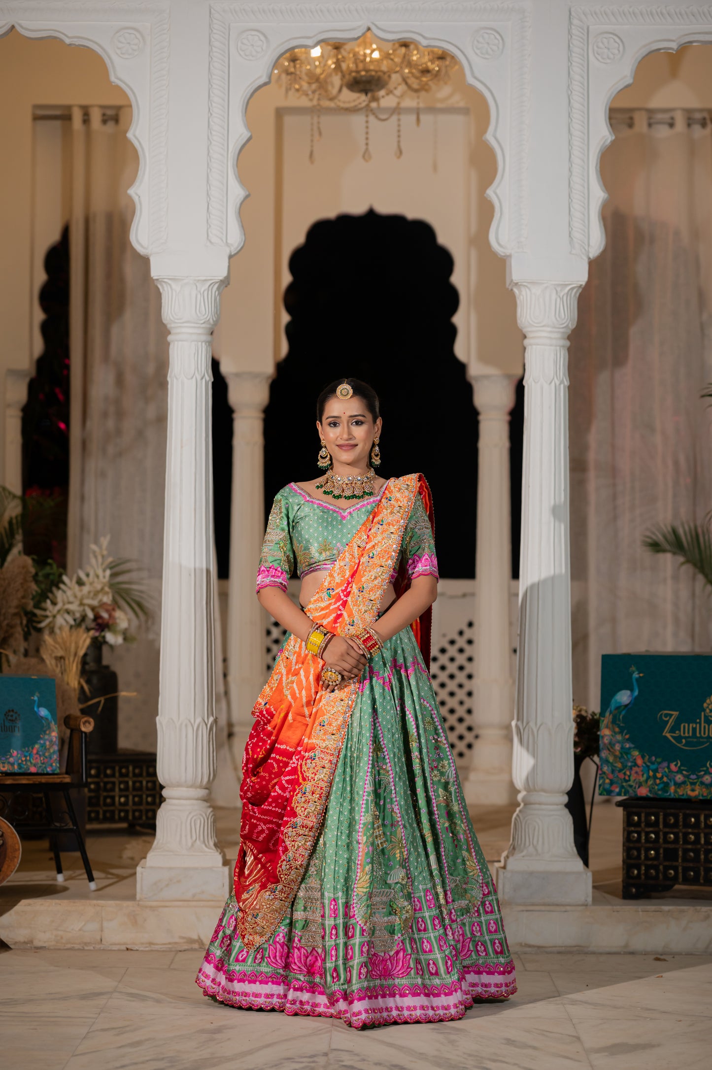 Red Orange Gajji Silk Bandhej Chunari with Marodi Zardozi and Thread Peacock Elephant Motifs Sequins Work