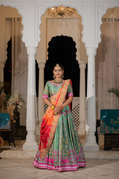 Red Orange Gajji Silk Bandhej Chunari with Marodi Zardozi and Thread Peacock Elephant Motifs Sequins Work