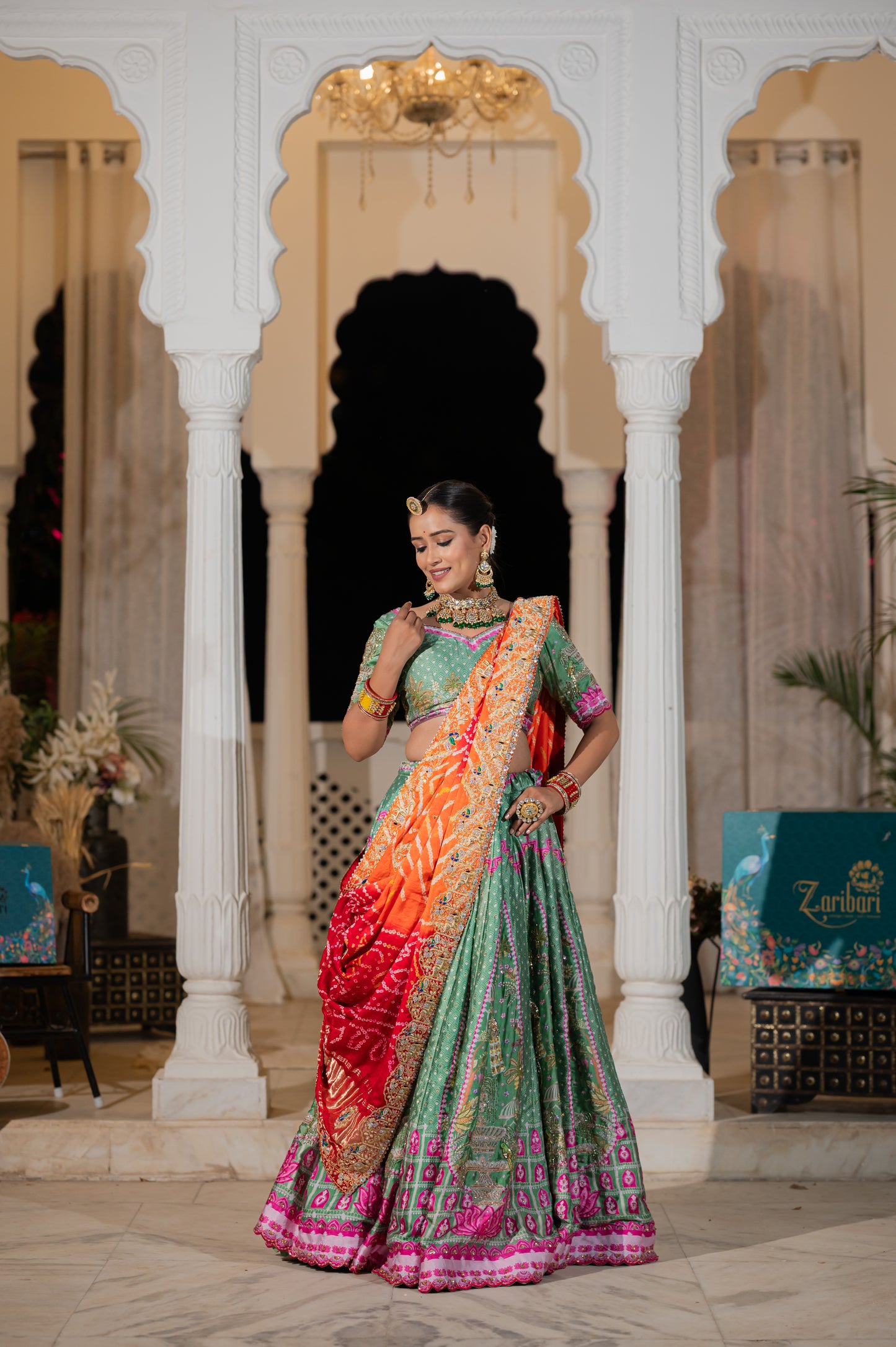 Red Orange Gajji Silk Bandhej Chunari with Marodi Zardozi and Thread Peacock Elephant Motifs Sequins Work
