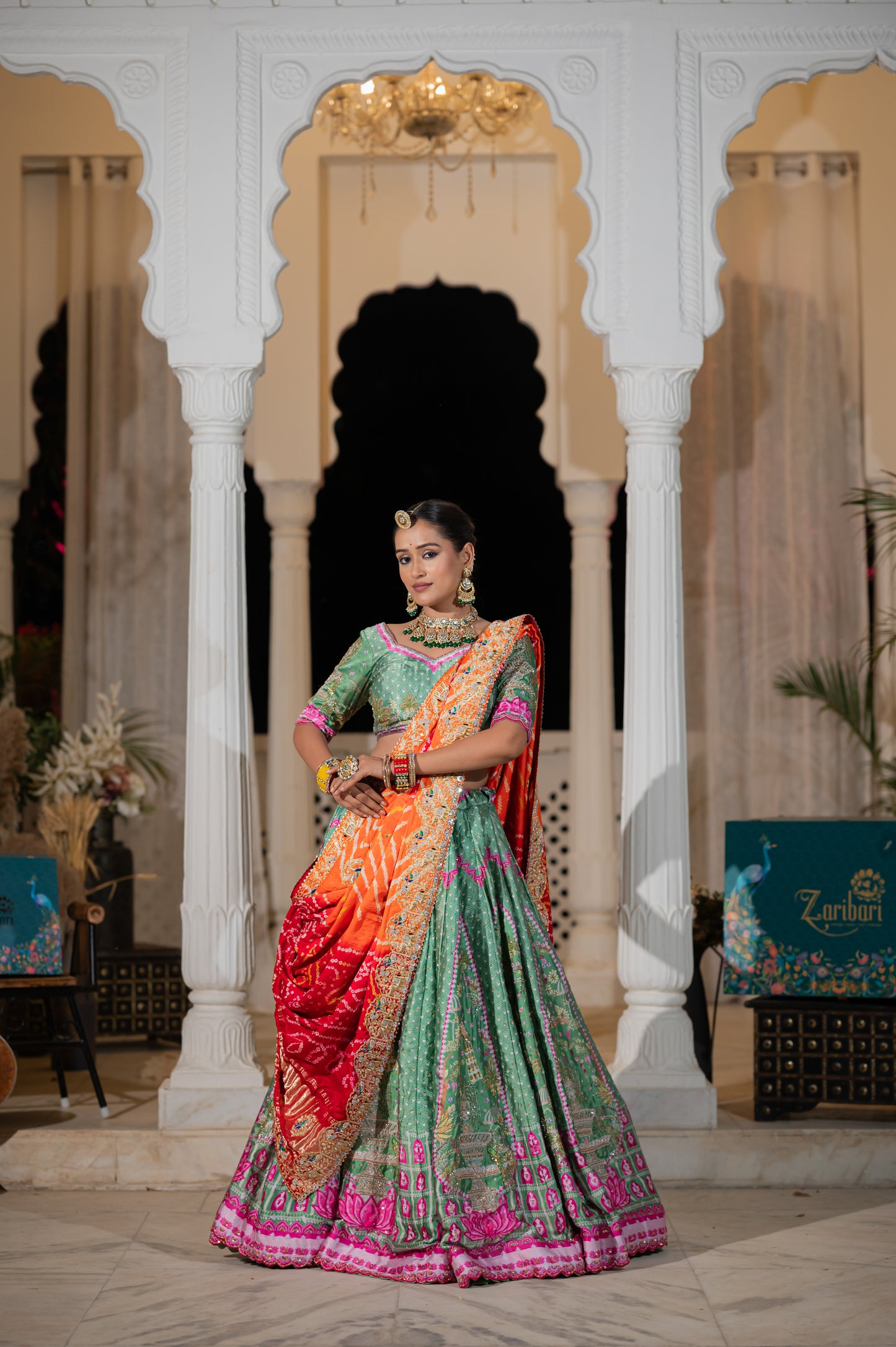 Red Orange Gajji Silk Bandhej Chunari with Marodi Zardozi and Thread Peacock Elephant Motifs Sequins Work