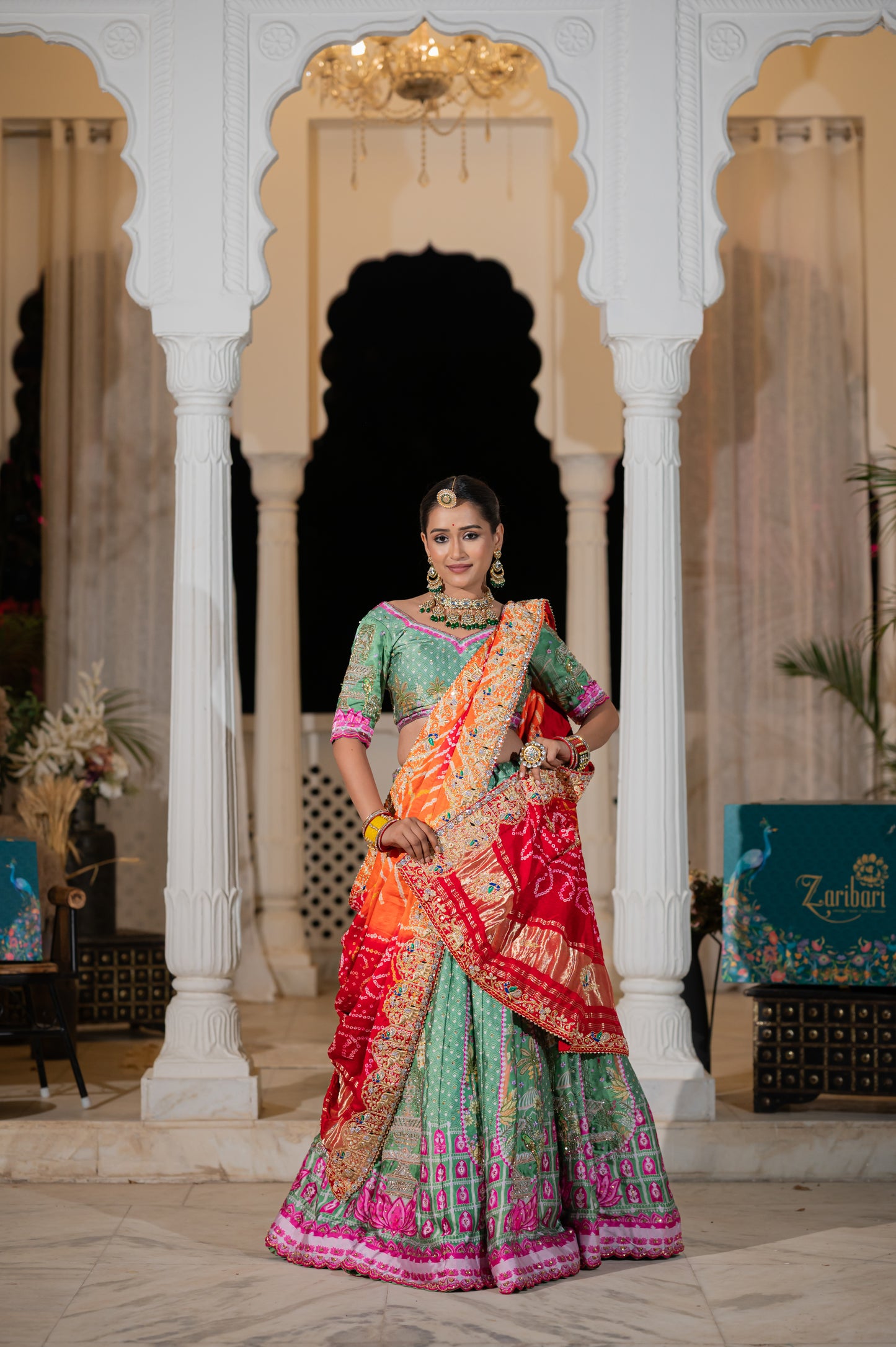 Red Orange Gajji Silk Bandhej Chunari with Marodi Zardozi and Thread Peacock Elephant Motifs Sequins Work